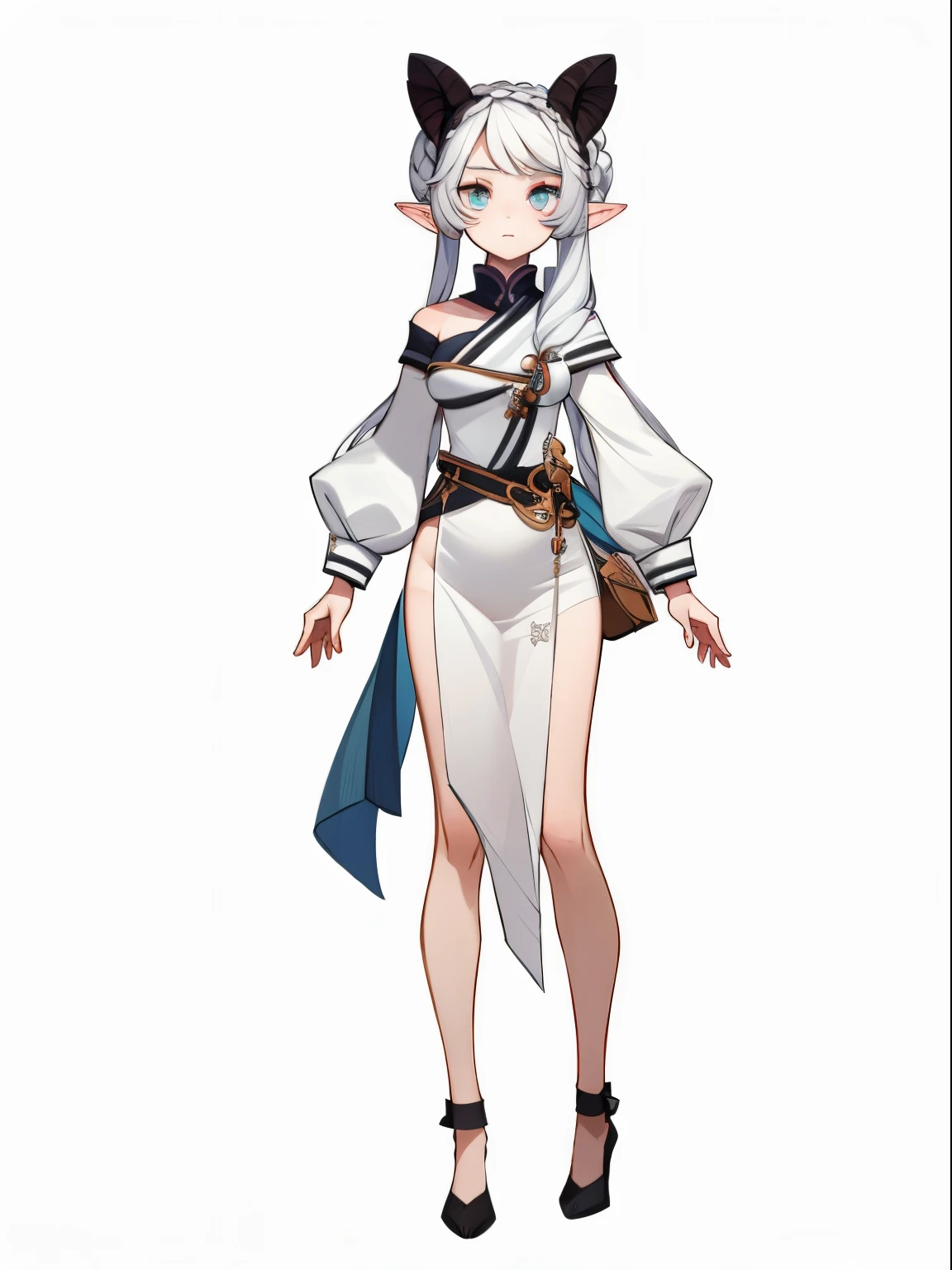 ((masterpiece)),(((bestquality))), (Character full body), (Character sheet), 1 girl, standing full-body, Clear facial features,Simple line design,Transparent background,(tmasterpiece,top Quority,best qualtiy, Clear facial features,beautidful eyes,beauitful face), (simple background, White background: 1.3), Beautiful woman, elf, bun hairstyle, flowing cloth, demon, doll, eyeball,
