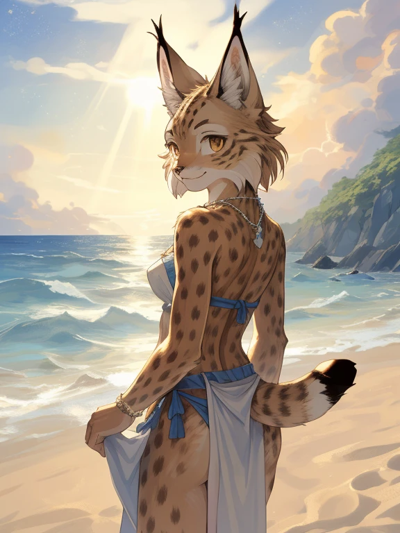 masterpiece, high quality, hi res, digital painting \(artwork\), by kuroisumi, yupa,kiyosan. soft lighting, solo, (anthro female Lynx), (orange body), sunshine, beach, loincloth, sea, cloud, dark, bright, sand, from side, necklace. impasto, panorama,portrait,135mm,looking at viewer,character focus. detailed background,amazing background,outdoors,scenery,light particles, kemono, (cute), ass