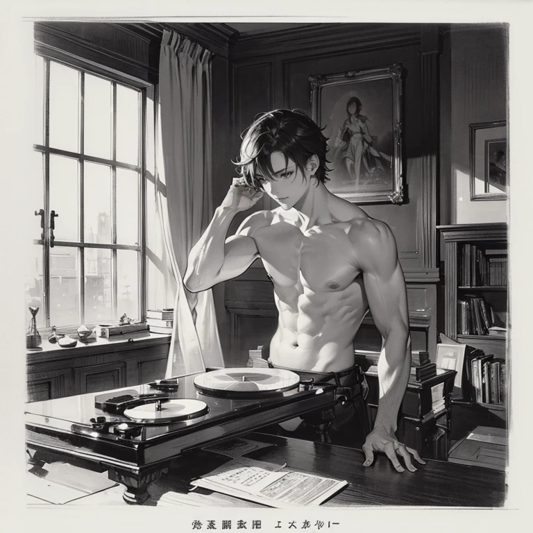 Male 、a room、 top-quality, Poses, Correct anatomy, Beautiful body curves, Sketch beech, Daily Draw, vestments, Pencil、black-and-white、monochromes、man playing records、Vintage、Granblue Fantasy