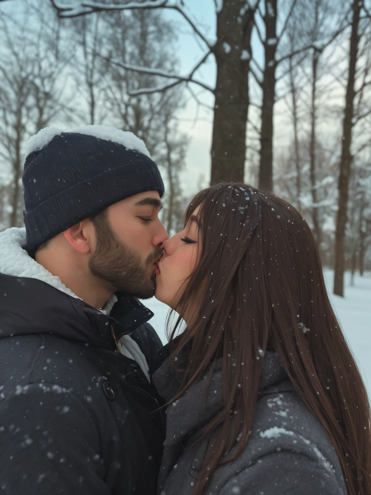 The girl has dark long hair, straight hair, Arafe kisses a woman in the snow in the park, kissing together cutely, couple kissing, kissing together, kiss each other, only snow in the background, kissing, with a park in the background, only snow in the background, 🤬 🤮 💕 🎀, very accurate photo, Cold, Like ice! 🧊, Mouth-to-mouth kiss