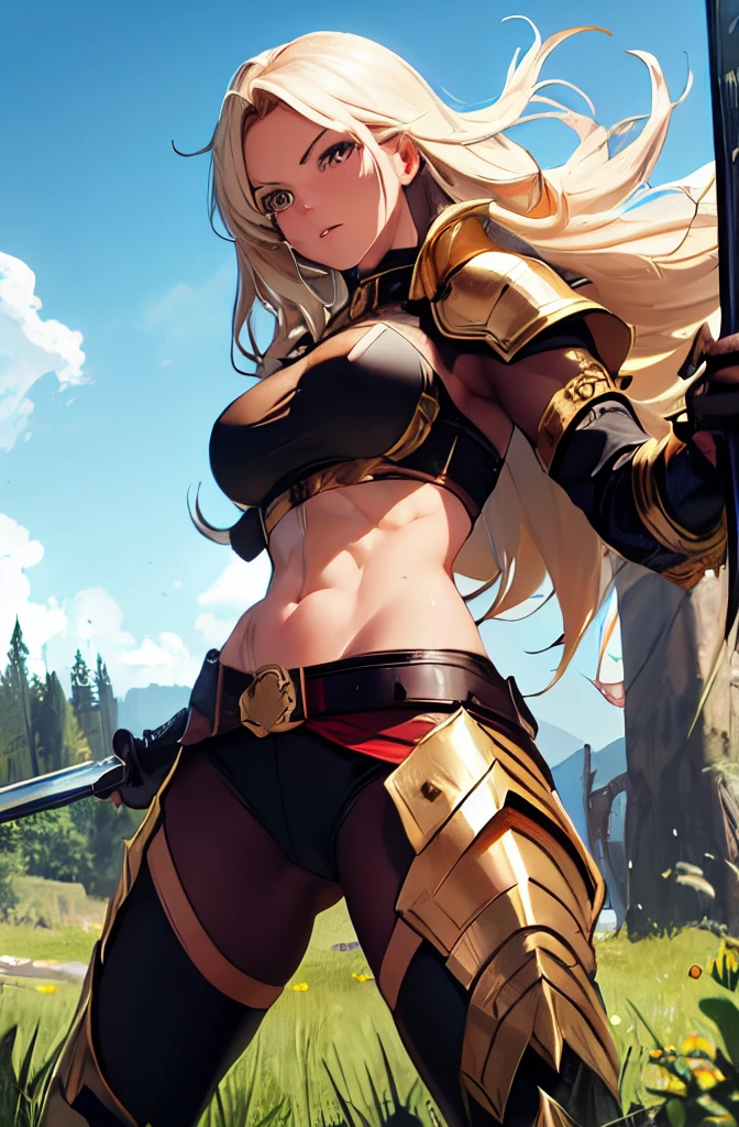 Full body portrait, (cave, Fighting monsters, Swinging an axe), (Perfect Anatomy), \(Amazoness, barbarian woman, Golden wavy hair, blue eyes, Perfect Eyes, 彼女の体型は非常にMuscularで豊満だ, Huge big breasts, Heavy chest, Abdominal musclesが割れている, Micro bikini with small cloth area, 大きなAbdominal muscles, Detailed skin texture, Super-detailed body: 1.1, Highly detailed skin: 1.2, Muscular, Muscular biceps, Abdominal muscles: 1.2, She&#39;s holding a big axe\), Artwork, 8k, CG , Cinematic, High resolution, masterpiece, Highest quality