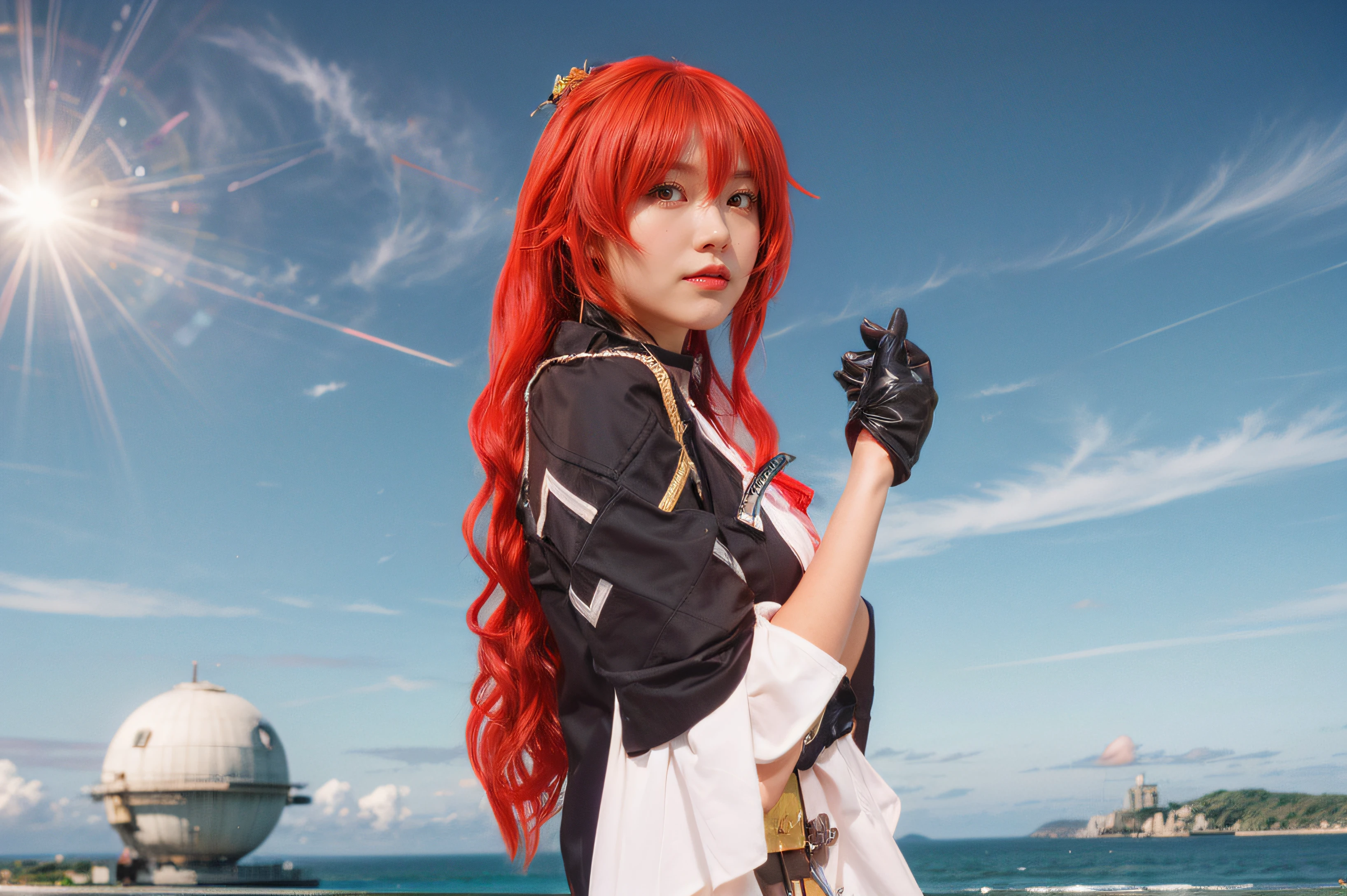 there is a woman with red hair and a black and white outfit, cosplay photo, anime cosplay, anime girl cosplay, cosplayer, portrait of a female anime hero, ayaka genshin impact, cosplay, cyarine, rias gremory, kasumi arimura style 3/4, ayaka game genshin impact, asuka