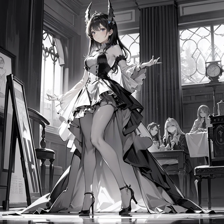 a room、 top-quality, Poses, Correct anatomy, Beautiful body curves, Sketch beech, Daily Draw, vestments, Pencil、black-and-white、monochromes、woman playing a record、Vintage、Wearing a dress、Granblue Fantasy