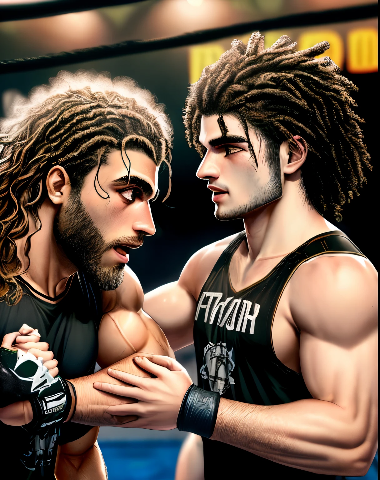 Lutador de kickboxing,cabelo loiro ,realizando golpes liberando energia lutando com um lobo , com a camisola da equipa the Wolves Team,num ringue, com luvas de boxe