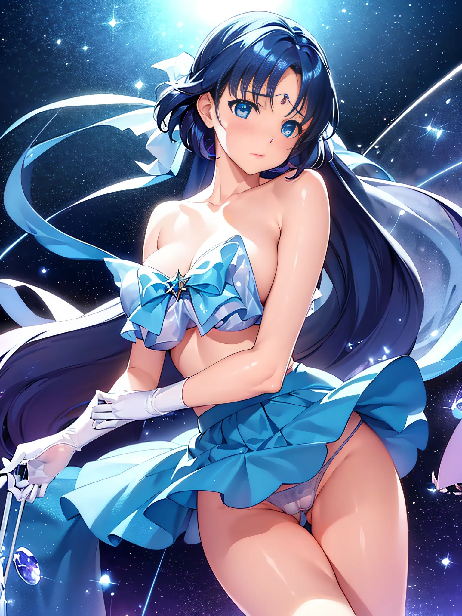 1girl in, embarassed face, Shiny skin, Best Quality, masutepiece, (Game CG:1.4), NSFW, Detailed beautiful face and eyes,爆乳、Small area see-through lingerie, Sailor Mercury, I could feel the battle, Serious, Cowboy Shot、large full breasts、Full Moon Night、Beautiful starry sky、((Best Quality)), (Ultra-detailed), Highly detailed, High-definition raw color photos, Professional Photography, ((Beautiful big breasts)), Amazing face and eyes, (See-through panties:1.2)、、big butts、turned around、Cameltoe close up、frombelow