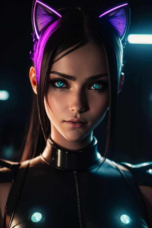 (alta qualidade, high resolution, detalhes finos, Realistic), Cybernetic Cat Ears, digital illustrations, futuristic aesthetic, shiny metallic texture, Luzes LED brilhantes, paleta de cores neon, mechanical parts, bordas afiadas e pontiagudas, design elegante e elegante, realistic and detailed portrait of cybernetic cat ears and their integration with the human head, estilo cyberpunk, sozinho, curvy womans, cabelos brancos, (olhos brilhantes), ((Olhos detalhados)), seios grandes, Vibrant and dynamic composition, contraste de cores vibrantes, dramatic lighting effects, vivid colors, arte digital profissional, Bokeh