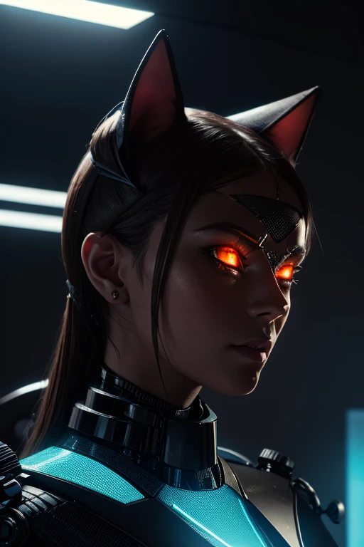 (alta qualidade, high resolution, detalhes finos, Realistic), Cybernetic Cat Ears, digital illustrations, futuristic aesthetic, shiny metallic texture, Luzes LED brilhantes, paleta de cores neon, mechanical parts, bordas afiadas e pontiagudas, design elegante e elegante, realistic and detailed portrait of cybernetic cat ears and their integration with the human head, estilo cyberpunk, sozinho, curvy womans, cabelos brancos, (olhos brilhantes), ((Olhos detalhados)), seios grandes, Vibrant and dynamic composition, contraste de cores vibrantes, dramatic lighting effects, vivid colors, arte digital profissional, Bokeh