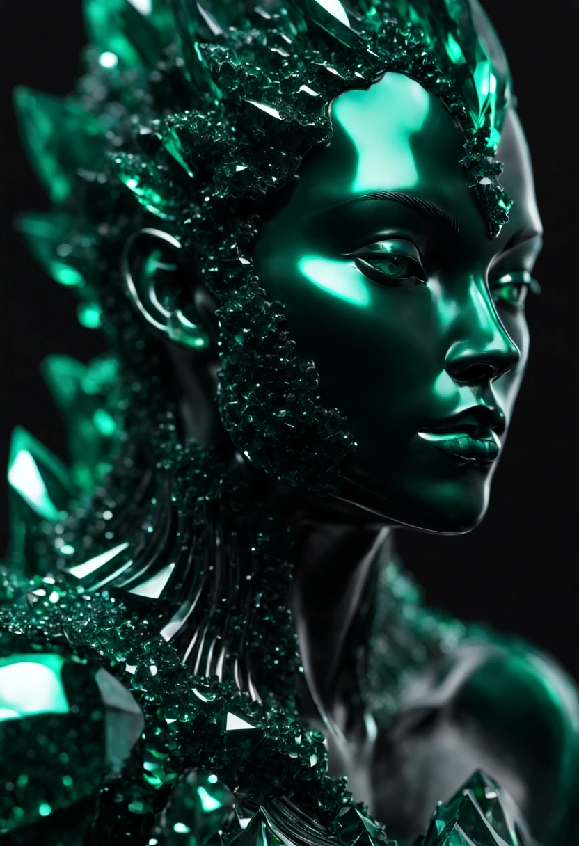 Ultra detailed shot of a dark sculpture made from emerald obsidian and dark matter, incredible sculpture of a unique creature, 3D rendering, translucent skin with subsurface scattering, infinity fractal, aura melting dimension, light reflection on sculpture crystal, human form.