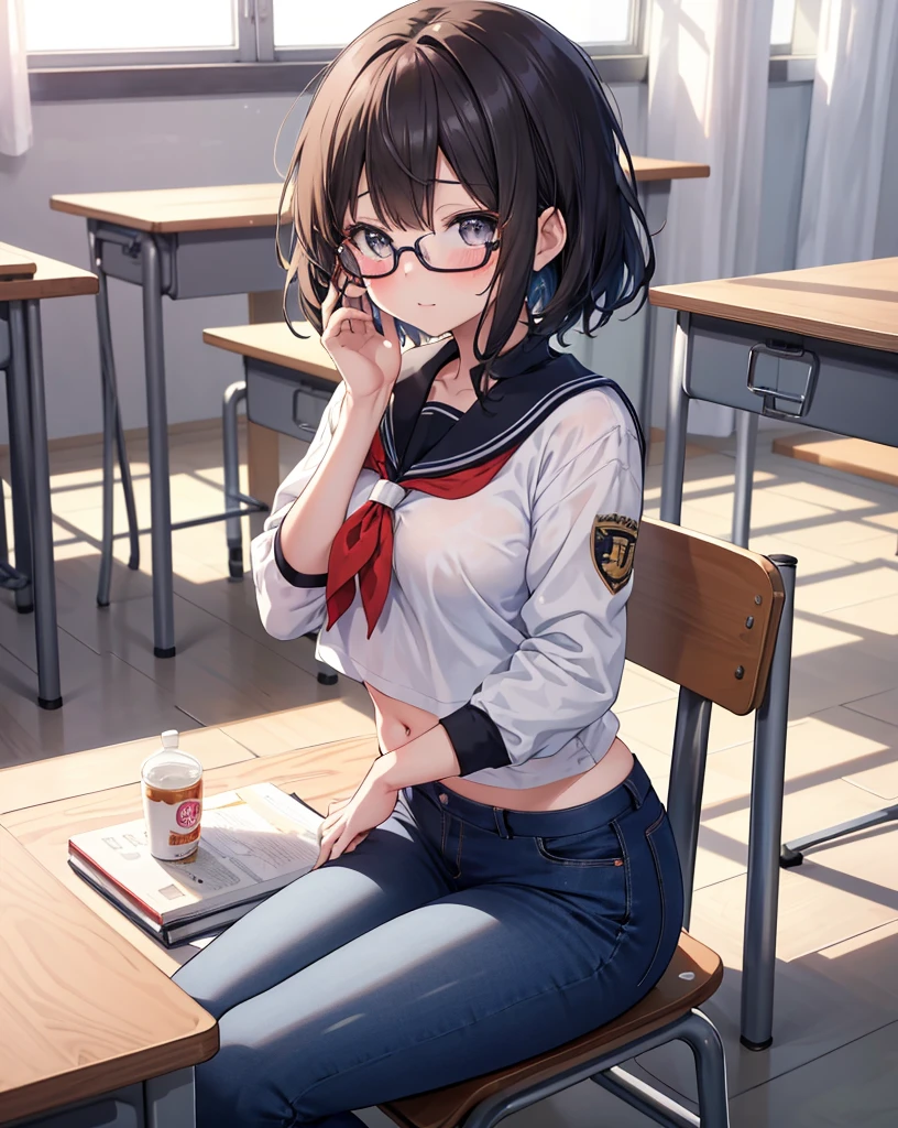 Excellent quality，illustratio，8K，k hd,(((animemanga girl))),((On the table)),Best quality at best, Extremely detailed CG unified 8K,(( 1 girl in)), (Beautifully meticulous),illustratio, Intricate patterns,Character focus,Modern School Uniforms，‎Classroom，，with short black hair，No bangs，wears glasses，The girl sits in a chair，The girl drinks milk，girl looks nervous，The face is red，The girl covered her stomach with her hands，girl belly bloated，full buttocks，skinny pants