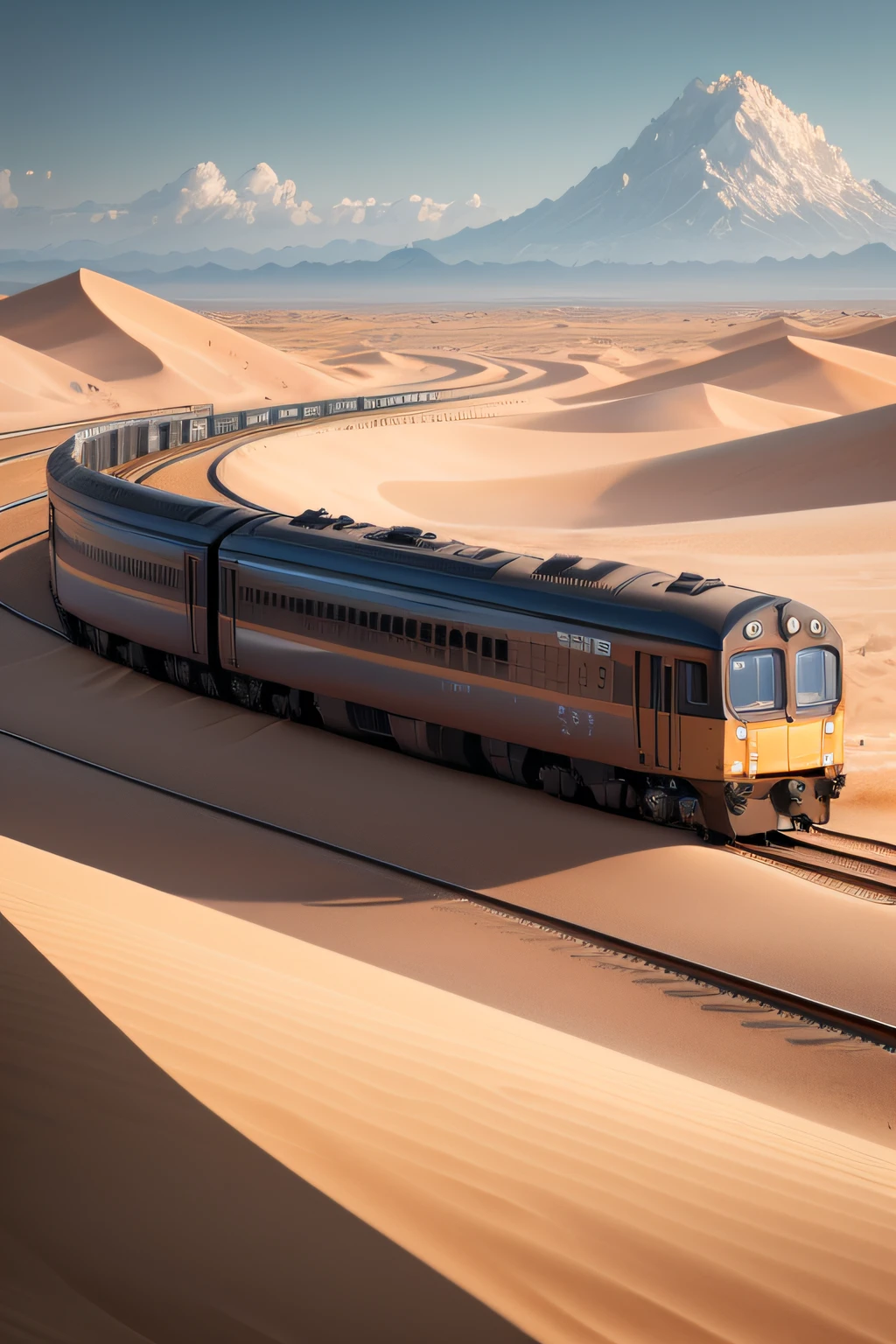 a speeding train,surrounded by wilderness,sand dune,4K Ultra HD, 超高分辨率, (Photorealistic: 1.4), Best quality,Masterpiece