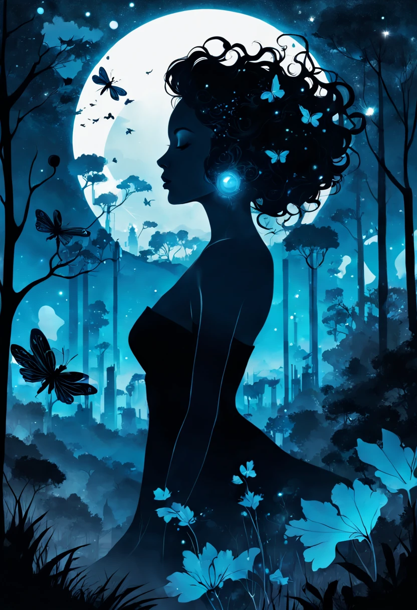 (Alcohol ink illustration), double exposure effect:1.6, abstract silhouette (woman), (Art by Yoan Lossel, Cyril Rolando, Nan Goldin, Lee Bontecou, Leusch), organic shapes, ethereality, high contrast, fireflies, backlighting, charcoal and different shades of blue, intricately detailed background landscape, sticker, 2d cute, fantasy, dreamy,
vector illustration, 2d flat, centered, Tim Burton, professional, smooth, modern, minimalistic, graphic, line art, vector graphics