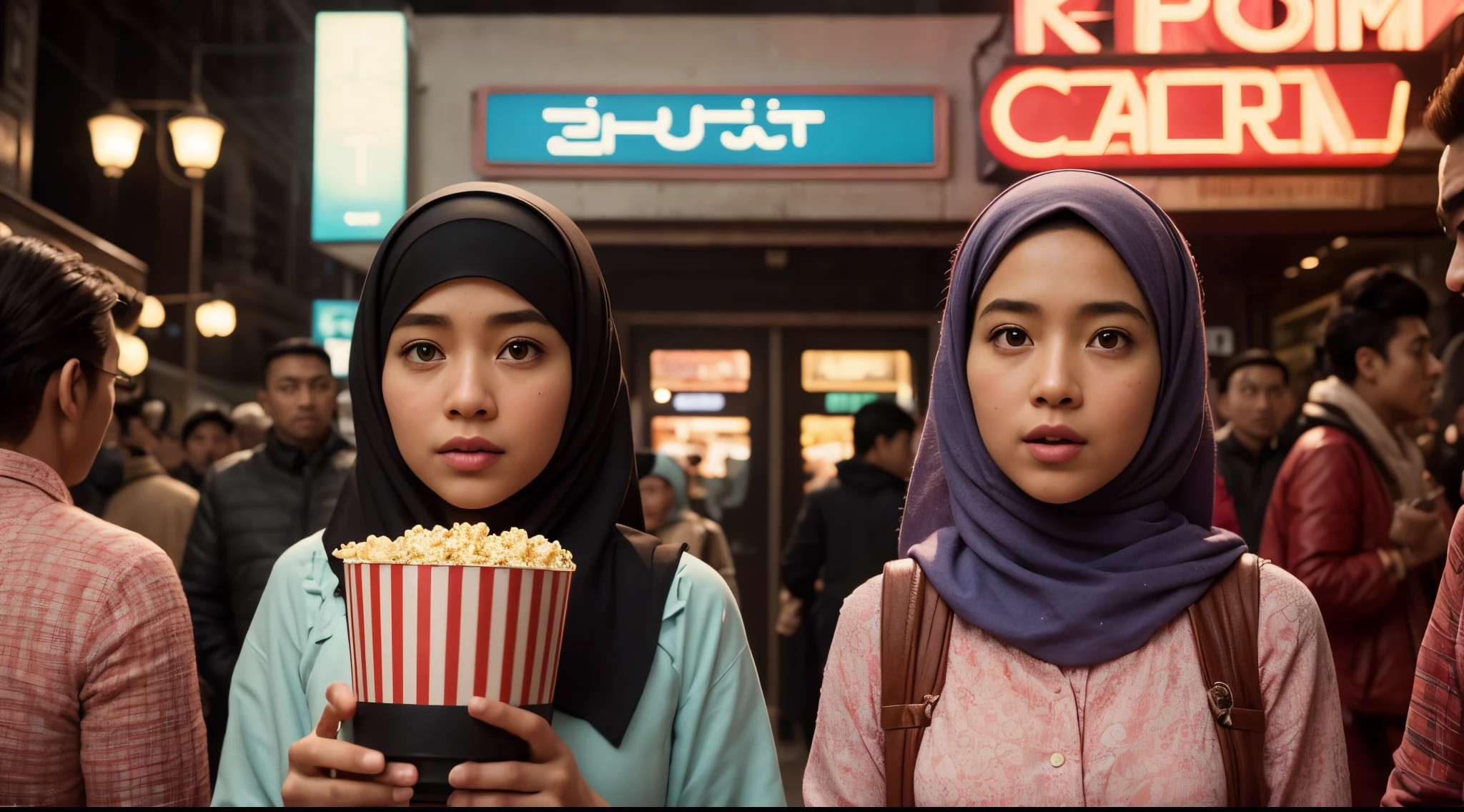 Quirky scene | Symmetrical framing | Nostalgia | Vintage cinema | 1 Malay girl in hijab and 1 malay man as a couple eating popcorn and surprised with mouth opened | Cinema front view | Pastel colors | in the style of Grand Budapest Hotel directed by Wes Anderson , 50mm lense, handheld shot camera angle, High Contrast cinematography effect, Natural Lighting, vibrant color grading, high quality, ultra detail, 8k resolution,