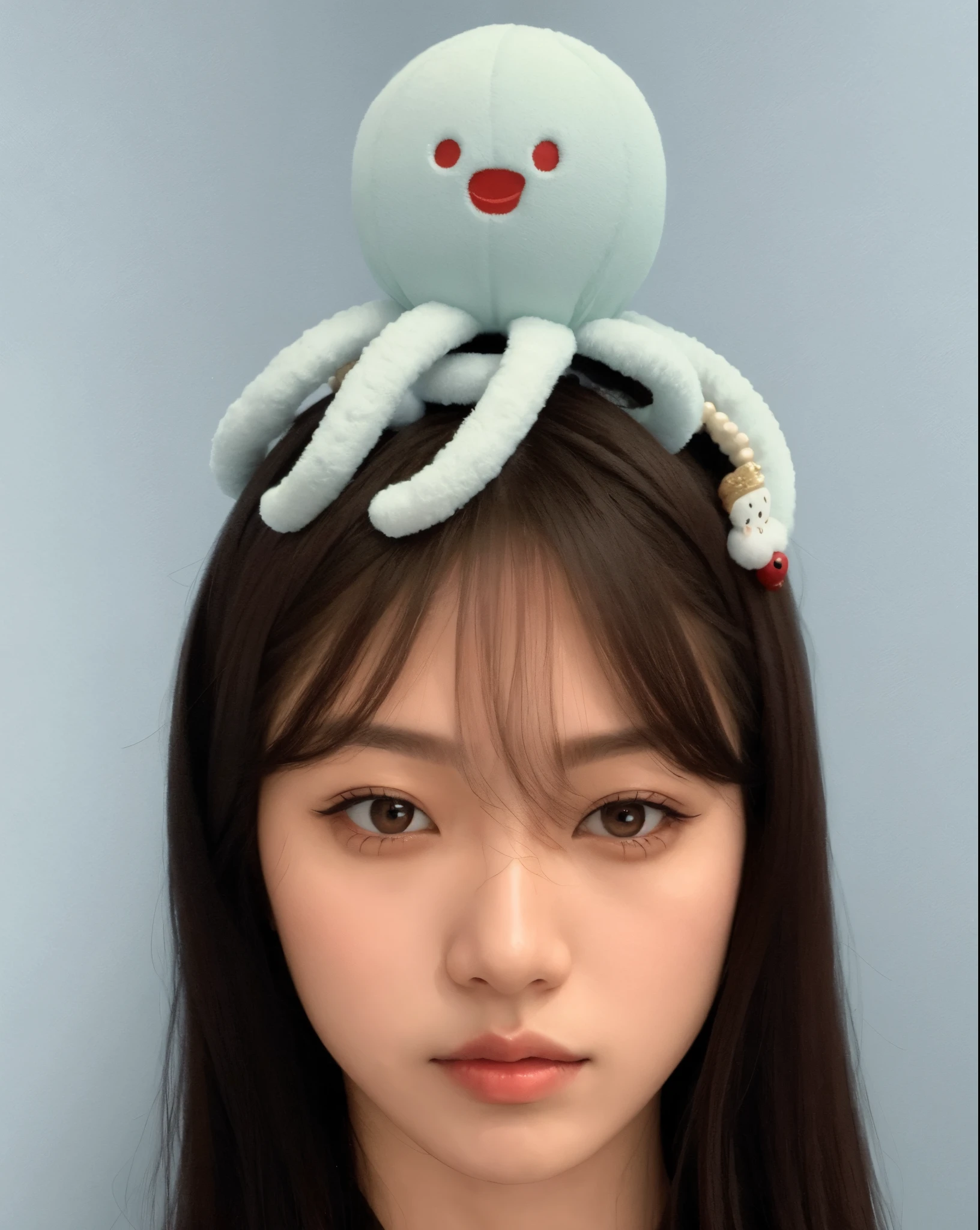 puffy woman with a stuffed octopus on her head, Ulzzang, jellyfish headdress, TaeJune Kim, Jaeyeon Nam, Lalisa Manobal, UUWU, Heonhwa Choe, Kim Doyoung, The crown of the tentacle, Parque Ji-min, faixa de cabelo, Chiho, Gongbi, Penteado kawaii, Shikami