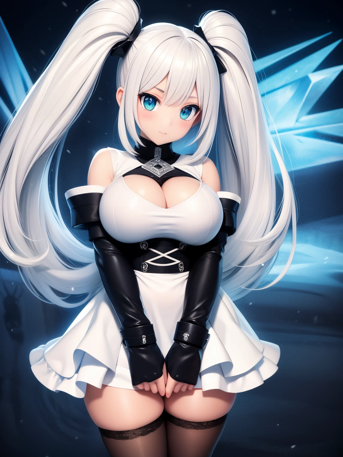 big breasts beautiful, Young woman, In the crystal and ice zone, drifting snow, ride horse, White hours, Gradient hair, White hair, white hairs, twintail hair, eyes reflection, disdain, Ray traching, reflective light, blurry, Glowing light, depth of fields, lightand shade contrast, stereograms, zoom layer, cowboy lens, f/2.8, Bokeh, tmasterpiece, best qualtiy, high qulity, k hd,White stockings