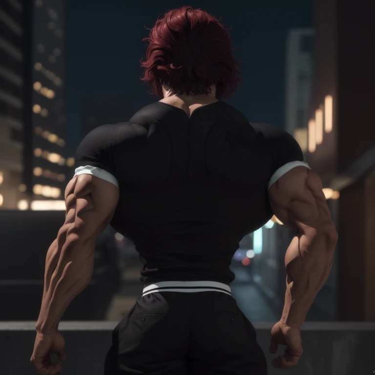 Altas, alta qualidade,(Beautiful), ((master part)),cores vibrantes, sozinho,1st grade, Foco masculino, manly, musculoso, musculoso masculino, red hair, sozinho, cabelo espetado,not shirt, black pants, from behind,
