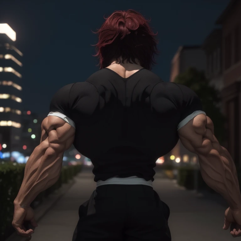 Altas, alta qualidade,(Beautiful), ((master part)),cores vibrantes, sozinho,1st grade, Foco masculino, manly, musculoso, musculoso masculino, red hair, sozinho, cabelo espetado,not shirt, black pants, from behind,