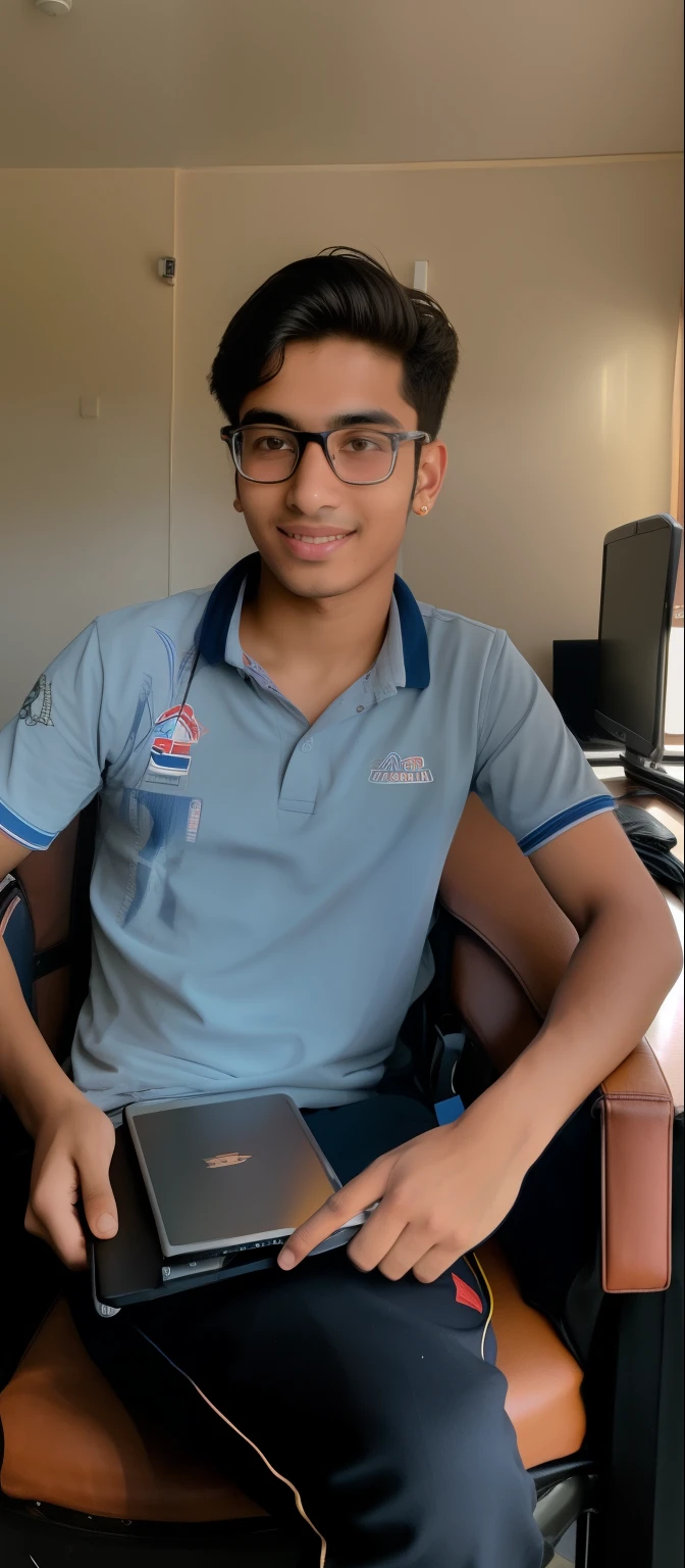 there is a man sitting in a chair holding a laptop, around 1 9 , with accurate face, very clear picture, vastayan, young commoner, very very low quality picture, mohamed chahin, with a beautifull smile, ayan nag, jayison devadas, student, candid picture, very accurate photo, vinayak