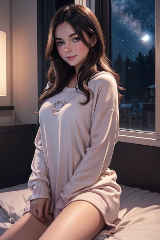 Young caucasian female; brunette; looking amorously into the viewer's eyes; realizing she has feelings for the viewer; toned, slender physique; shy and cute look; intense blush and warm smile; cuddling with the viewer in her bed; wanting to make out; night sky visible through her window; wearing comfy night clothes; surreal