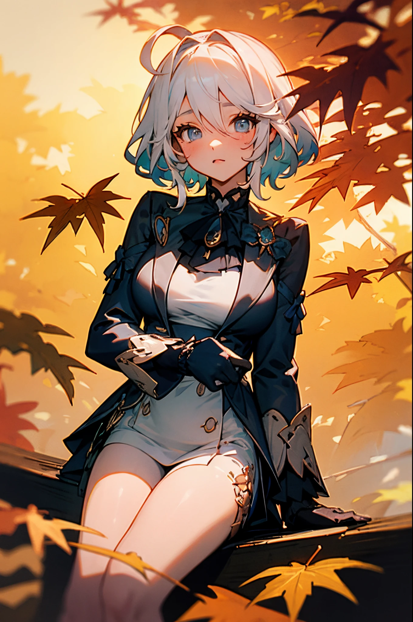 bit girl，Cute big breasts，autumnal，maple leaves，the setting sun，Blue-white hair