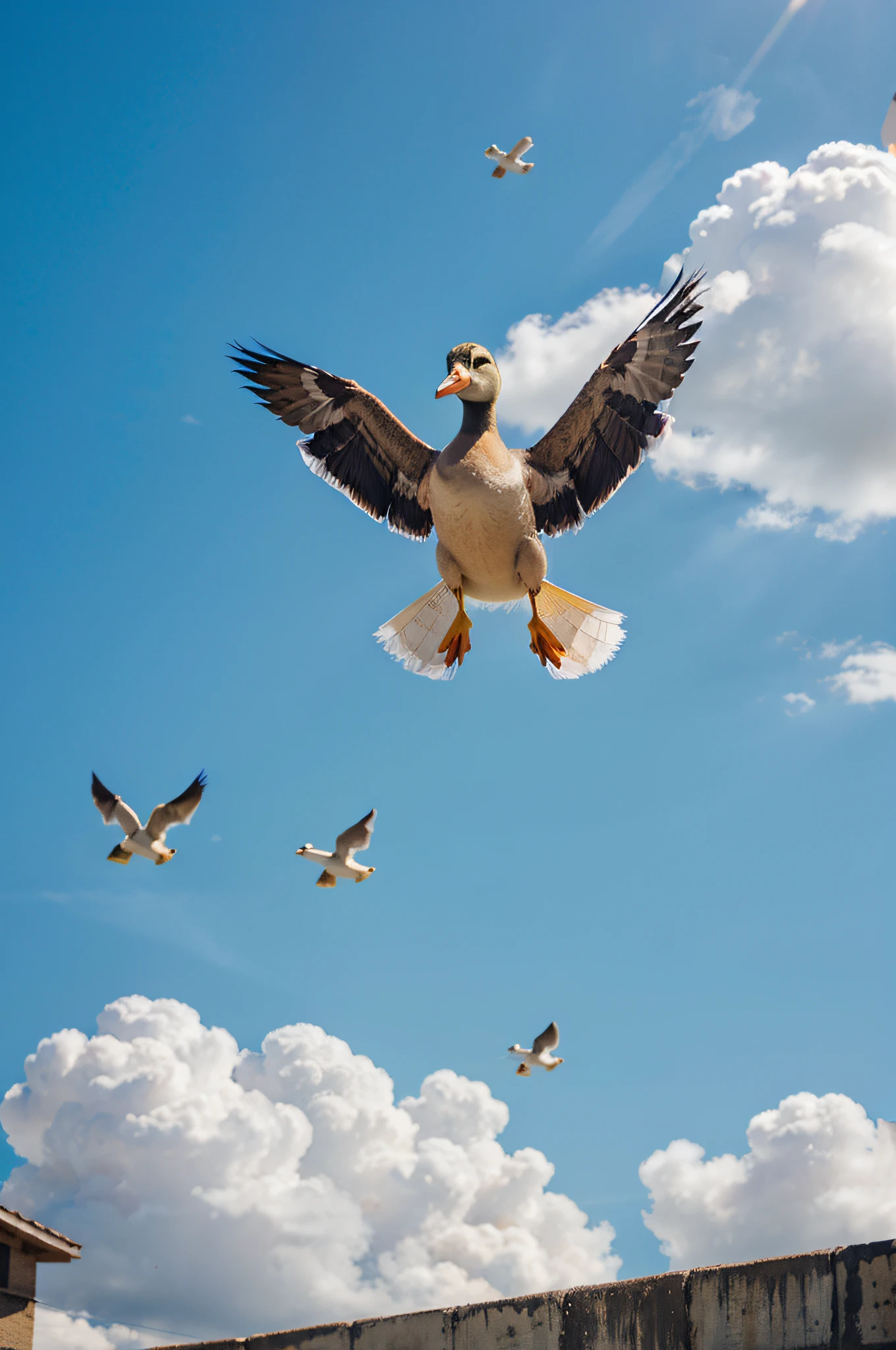 Duck feathers fly in the sky