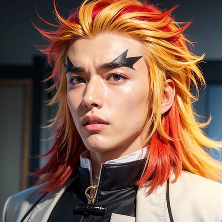 a young man with bright yellow hair with red streaks, black-forked eyebrows, and golden eyes. He was fairly tall by Japanese standards and possessed a relatively muscular build. His Demon Slayer outfit consisted of a brown gakuran jacket, a white belt around his waist and tattsuke-hakama pants