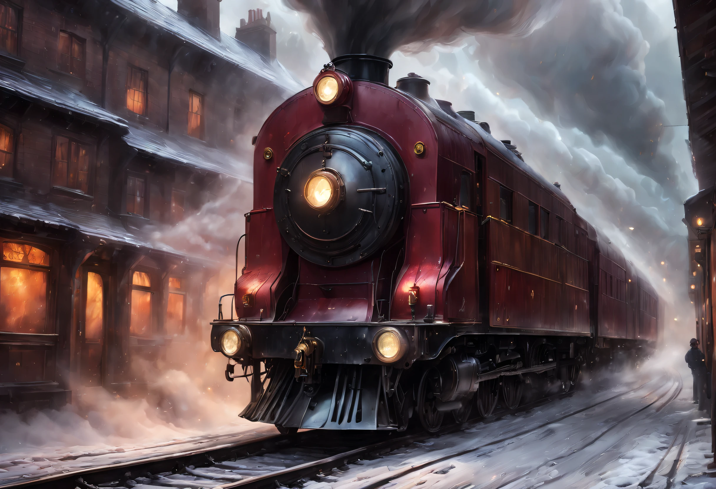 ultra-realistic realism, romanticism lain, Sci-fiism,mistic,thriller,ray traycing, Atmospheric perspective, in a panoramic view, wide angles, Sony FE masterpiece,, high detal, high high quality, Award-Awarded, Best quality, A high resolution, 8K
(Hogwarts Express),It consists of a group of scarlet steam locomotives,Each carriage is made of dark oak,Carved windows,Brass door catch,(There are gilded letters on the roof.,Spell out "Hogwarts Express"),The carriages are connected by iron corridors,The corridor is covered with the brightest red carpet,Steam locomotive smoke fills the cold morning,It gives a hazy and mysterious feeling, when the train pulls into the station,Its whistle can cheer people up,The train has also been described as having a soul of its own,It wakes up sleeping passengers at specific times,Lead them to their destiny,inspired by the movie《Harry potter》,
Background with:A mysterious and dangerous magical world covered in ice and snow