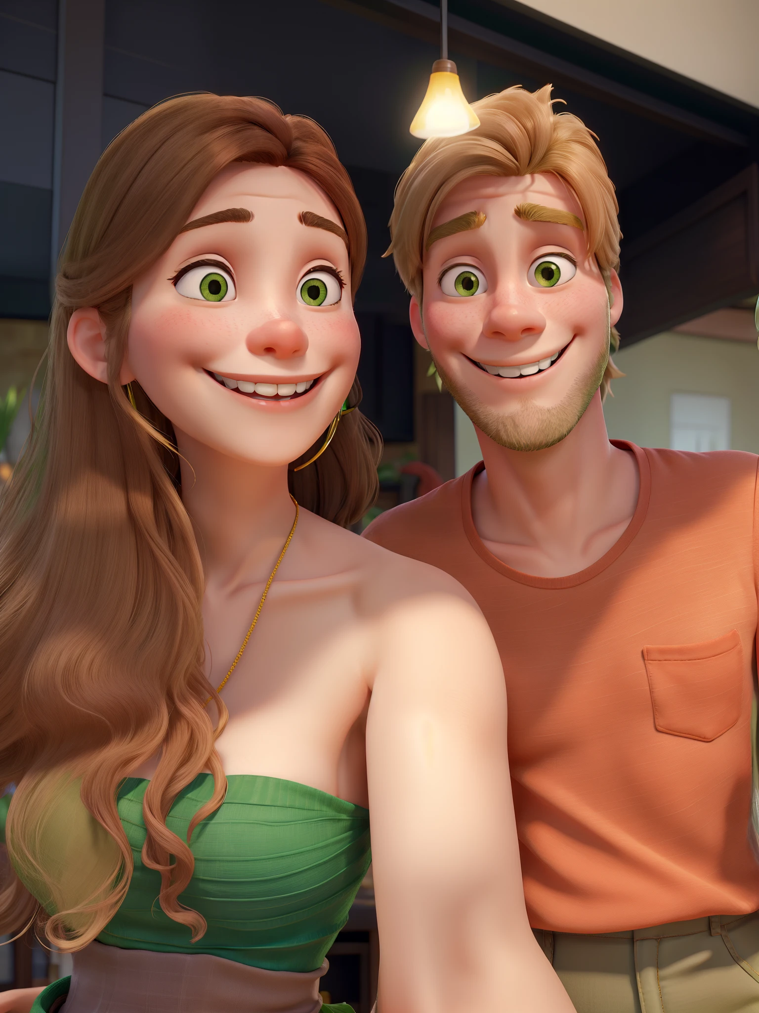 Woman with green strapless top, long brown hair and smiling. Man with peach shirt, blond hair smiling.