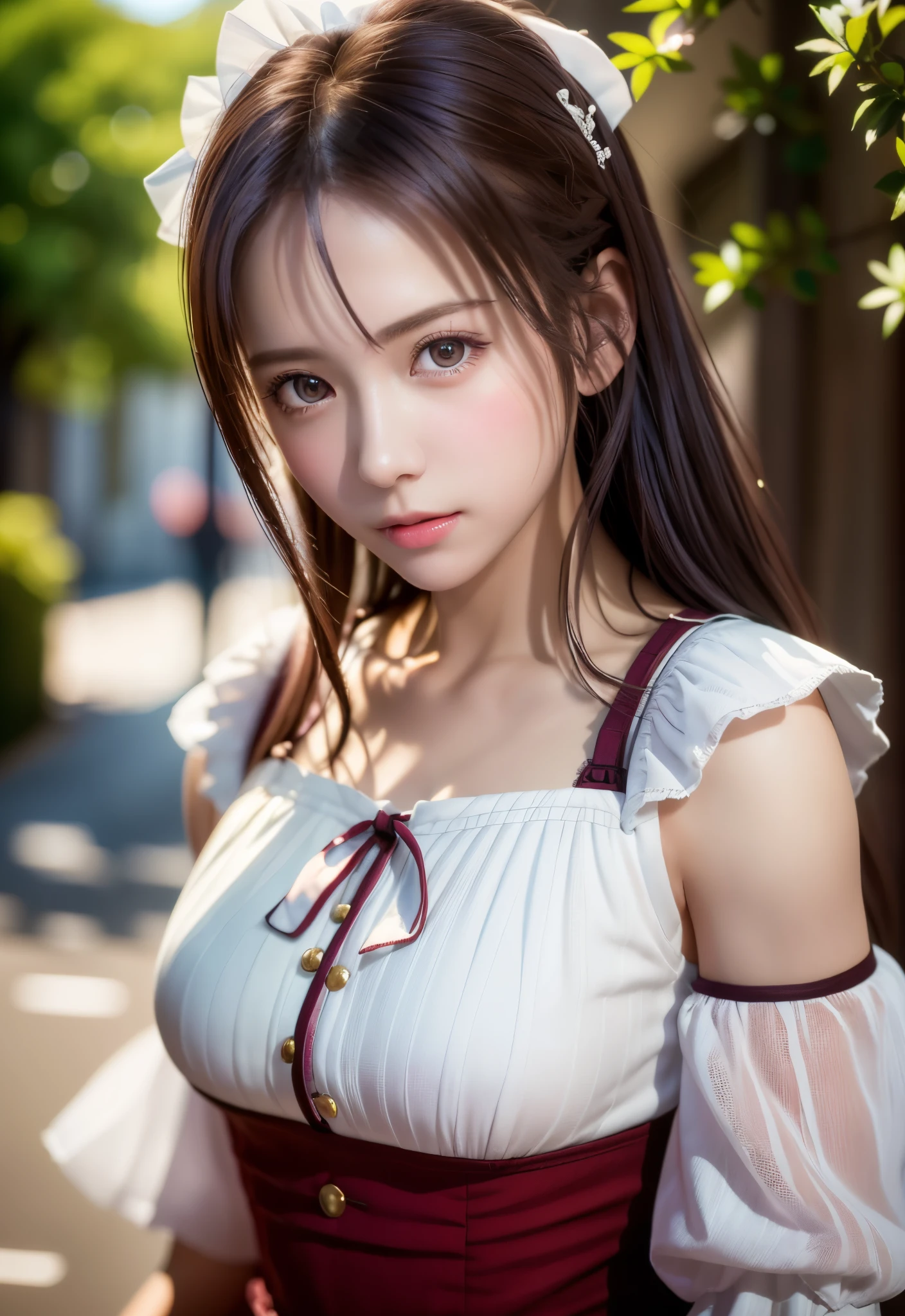 8K, of the highest quality, masutepiece:1.2), (Realistic, Photorealsitic:1.37), of the highest quality, masutepiece, Beautiful young woman, Pensive expression,、A charming、and an inviting look, Cute Maid Clothes, Hair tied back, Cinematic background, Light skin tone