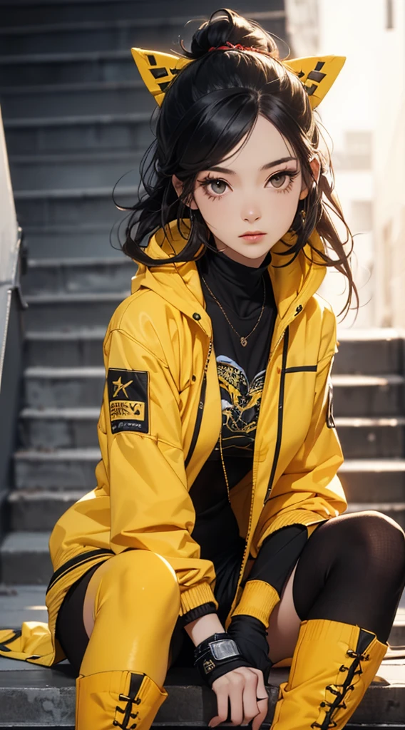 (((8k wallpaper of extremely detailed CG unit:1.2, masterpiece, hight resolution:1.2, top-quality:1.2, masutepiece))), ((a very beautiful woman, Street fashion:1.2, street wear:1.2, cyberpunked, wearing a yellow jacket, wearing tights and boots, Woman sitting on stairs:1.5, foot out of frame:1.5)), ((extra detailed face, Highly detailed black eyes, extra detailed body, Top quality real texture skins)), (A dark-haired, long, de pele branca, Small, ((Exposed legs))), ((Empty alley, Mileland)), isolated on white:1.3, high-angle, a closeup, hyper realisitic, digitial painting,