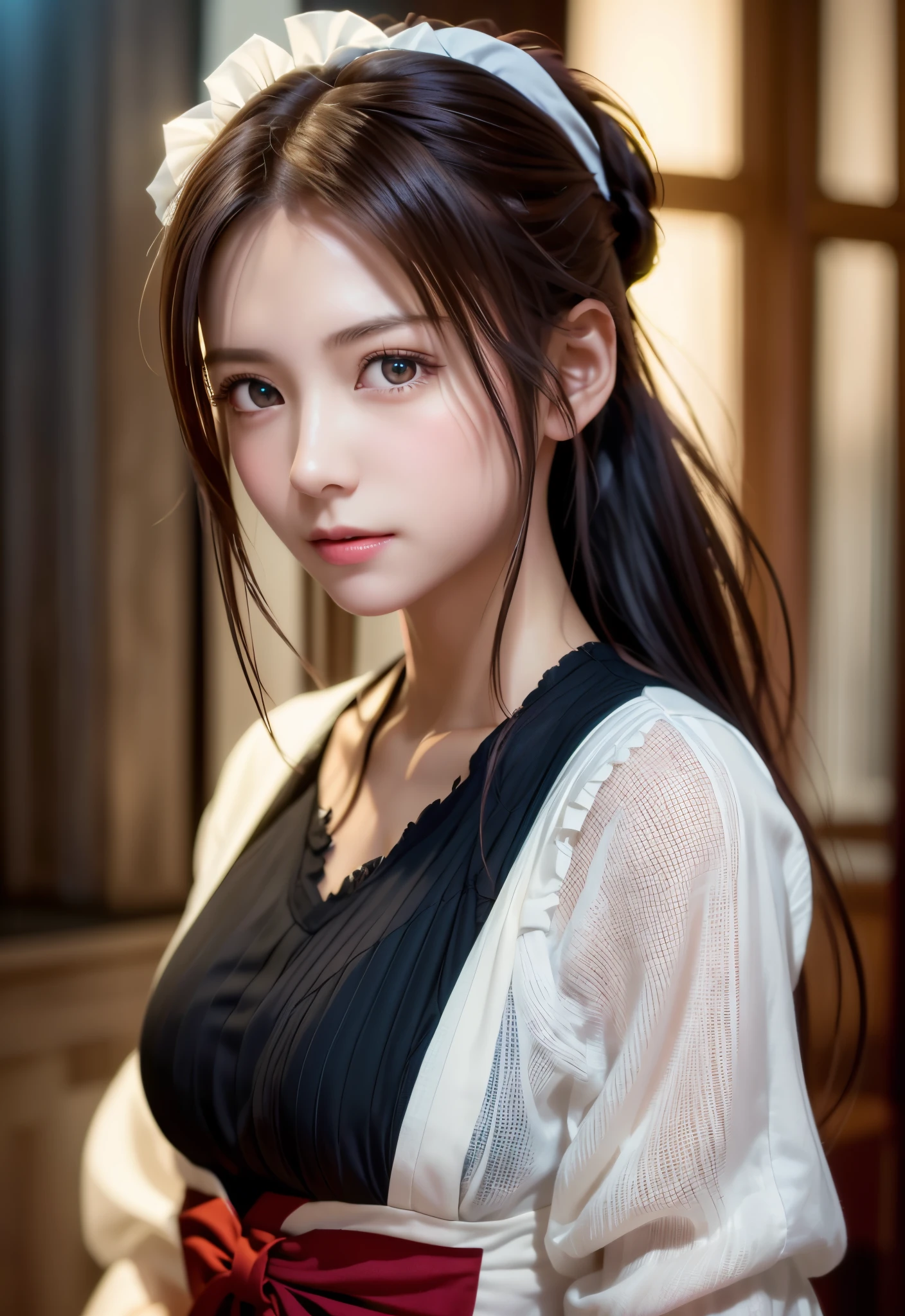 8K, of the highest quality, masutepiece:1.2), (Realistic, Photorealsitic:1.37), of the highest quality, masutepiece, Beautiful young woman, Pensive expression,、A charming、and an inviting look, Cute Maid Clothes, Hair tied back, Cinematic background, Light skin tone