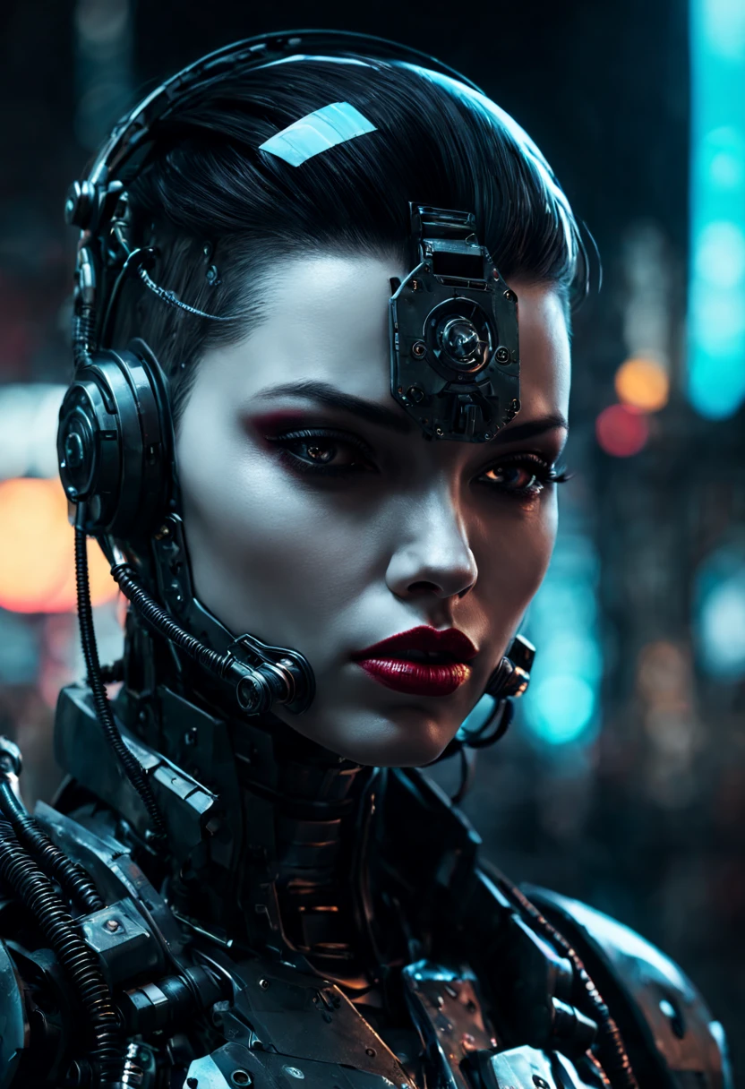Full length view. Portrait of a combat Androyd. Cyberpunk, huge lips, transparent neck, porcelain face and head, robotic parts, cyberpunk, hyper-realistic. Beautiful cinematic impressionistic picture. Cyberpunk, neon. Dark dramatic character, in the style of Jeremy Mann and Charles Dana Gibson, Mark Demsteder, Paul Headley., neon ambiance, abstract black oil, gear mecha, detailed acrylic, grunge, intricate complexity, rendered in unreal engine, photorealistic