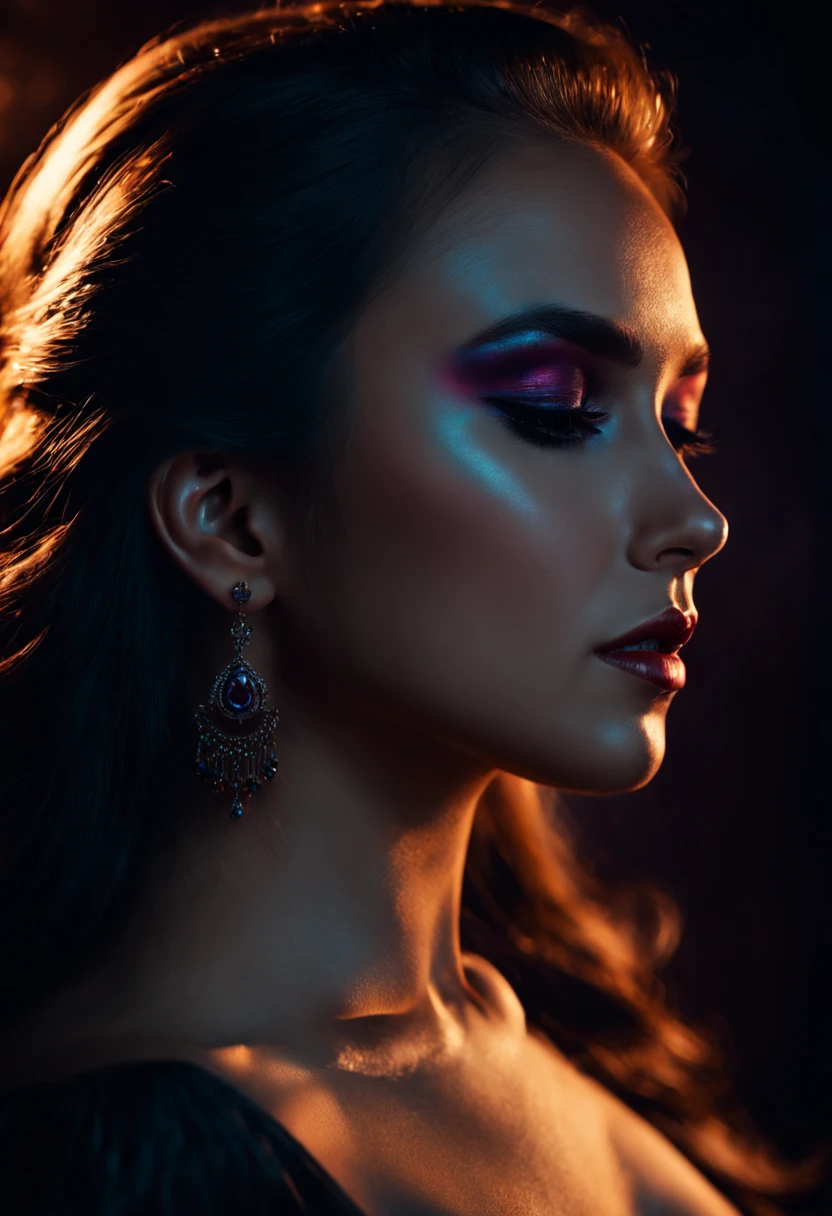 High-contrast shadow play featuring a beautiful young woman in profile,  open eyes and gorgeous features, deep rich colors , mysterious ambiance, created by artist Dreamer, with a palette of love and enthusiasm. ultra fine, 8k, cinematic.