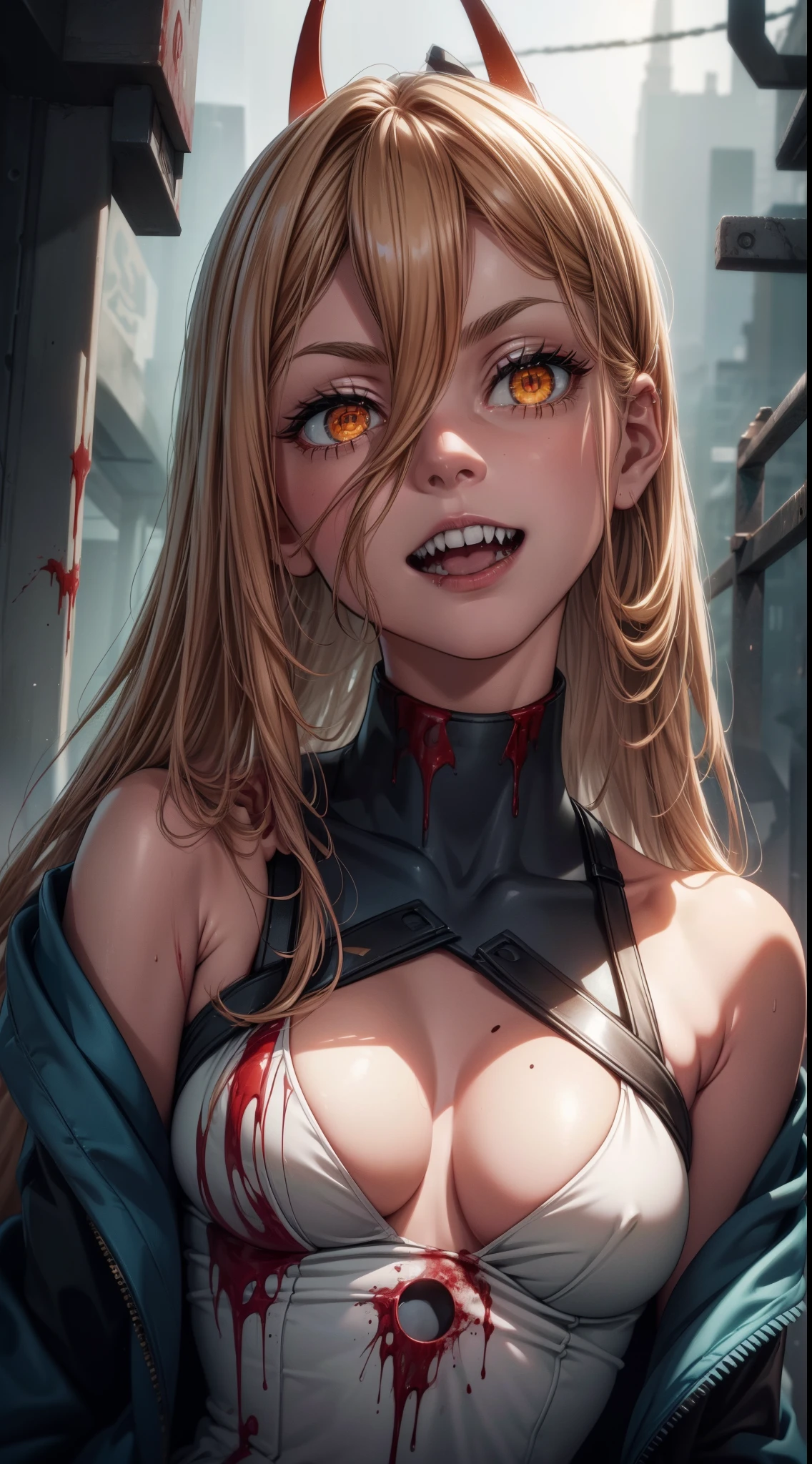 masterpiece, gorgeous, best quality, highres, 1girl, ((solo)), colorfull, blonde, dangerous,vivid eyes,(yellow eyes), alone, , mesmering eyes, neon, smilling, scary smile, madness, ((blood, colorful, ink)) BREAK intimate,cyberpunk, digital art, high details, modern, intricate, perfect face, traced lights, backlight, scary, (sensual), misteryous, blood, cinematic BREAK , backlight, glowing eyes, artistic, wallpaper, futuristic clothes, fog, BREAK superior, long hair, absurdes, crazy smile, HyperStylizeV6, power \(csm\), symbol-shaped pupils