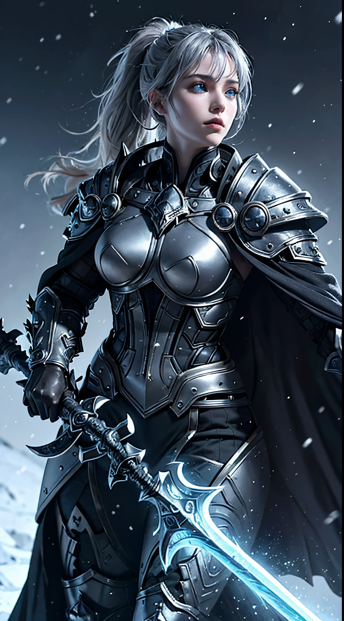 official art, unity 8k wallpaper, ultra detailed, masterpiece, best quality, (((1 woman))), (extremely detailed), dynamic angle, scheming expression, ((devious expression)), wind effect, fantasy background, rim lighting, side lighting, cinematic light, ultra high res, 8k uhd, film grain,best shadow, delicate, RAW, icy blue particles, detailed skin texture, detailed armor texture, detailed face, elven face, intricate details, ultra detailed, Dark, strong, (elegant black armor), ((long silver hair)), (((glowing icy blue eyes))), dark cape, fantasy, (realistic), atmospheric, long elven ears, platnium silver hair, very long elven ears, mature features, medium breasts, elegant armour, beautiful features, ((((commanding expression))))