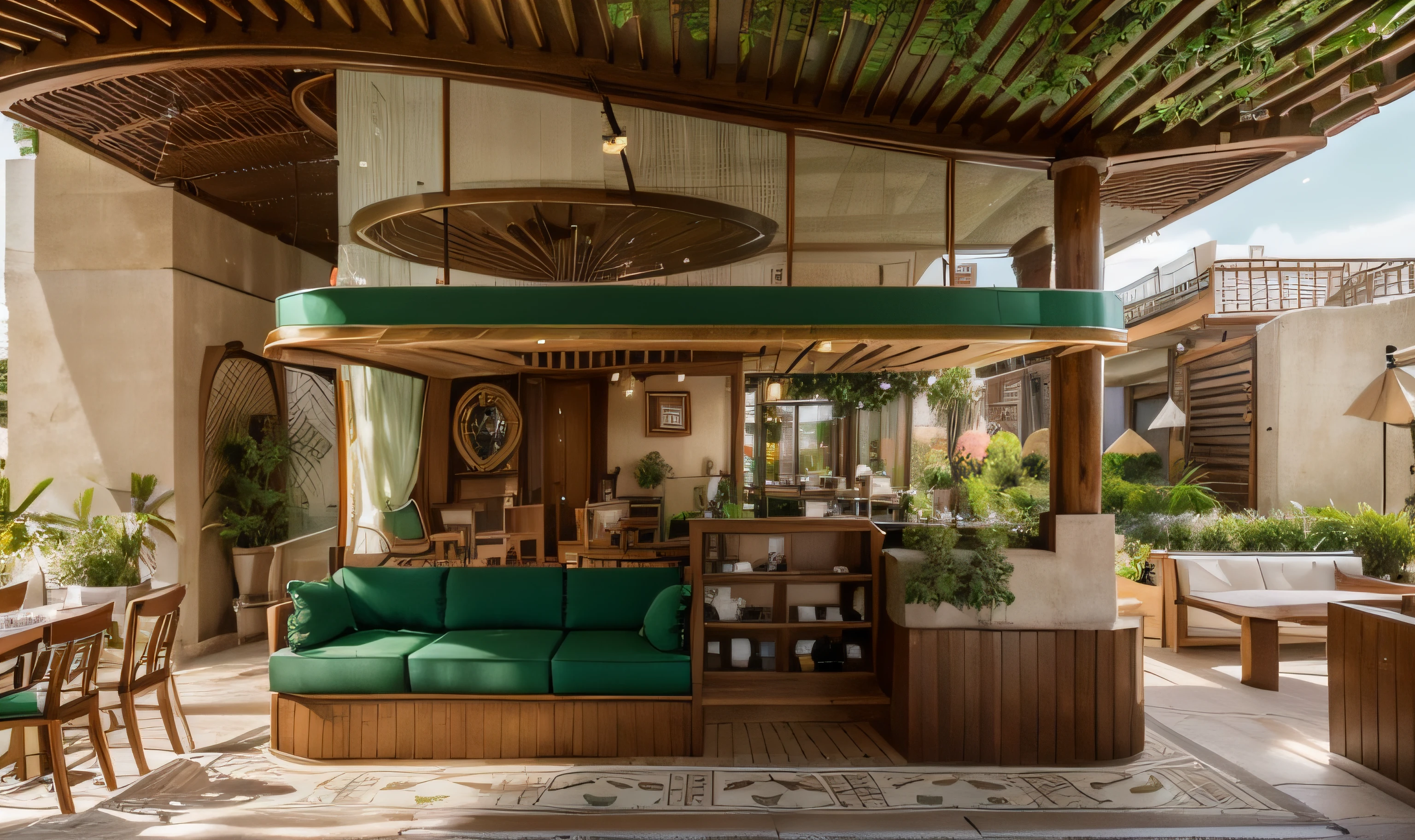 The exterior and interior design of the traditional-style café, combining the deep jewel tone of emerald green with classic pastel colors, warm wood tones, gold accents complementing earthy hues, patterned fabrics, along with an open and nature-integrated outdoor space, can be described as follows: The café's exterior showcases an expansive layout that seamlessly integrates with nature. Visitors are greeted by a vast outdoor space, its walls adorned with sophisticated emerald green patterns. Outdoor furniture made from warm woods like oak or cherry creates a relaxed ambiance, connecting patrons with the surrounding natural environment. Emerald green and classic pastel hues are employed in the interior décor, creating artistic and refined focal points within the café. Walls might feature the richness of emerald green, while smaller details like pendant lights, cushions, or wall art may incorporate classic pastel shades such as soft pink, light blue, or gentle green, fostering a sense of balance and warmth. Warm wood tones are extensively used in the interior, from sofas to chairs and various decorative elements. Oak, cherry, or mahogany woods impart a natural and rustic beauty, contributing to a cozy and traditional atmosphere. Gold accents combined with earthy tones like terracotta, saffron yellow, or olive green could be present in decorative elements like lamp bases, door handles, or mirror frames. This blending creates a touch of opulence and classicism in the space. Patterned fabrics featuring floral designs, paisley, damask, or toile are employed throughout the interior, adorning curtains, decorative pillows, and sofa upholstery, adding richness and allure to the café's interior. The spacious and nature-immersed outdoor area incorporates lush greenery, small gardens, or strategically placed plants, evoking a sense of tranquility and closeness to nature. This allows customers to savor their coffee in a serene and relaxing environment.