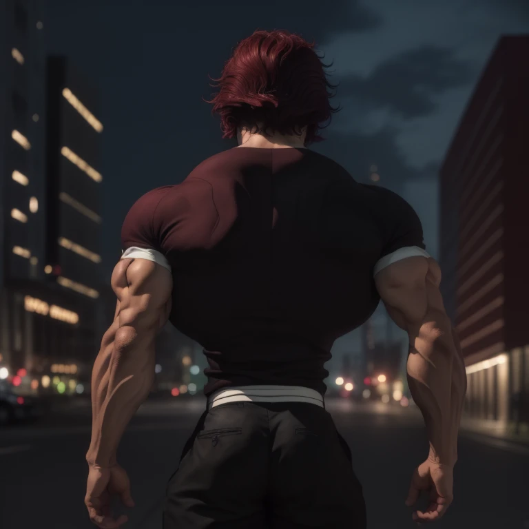Altas, alta qualidade,(Beautiful), ((master part)),cores vibrantes, sozinho,1st grade, Foco masculino, manly, musculoso, musculoso masculino, red hair, sozinho, cabelo espetado,not shirt, black pants, from behind,