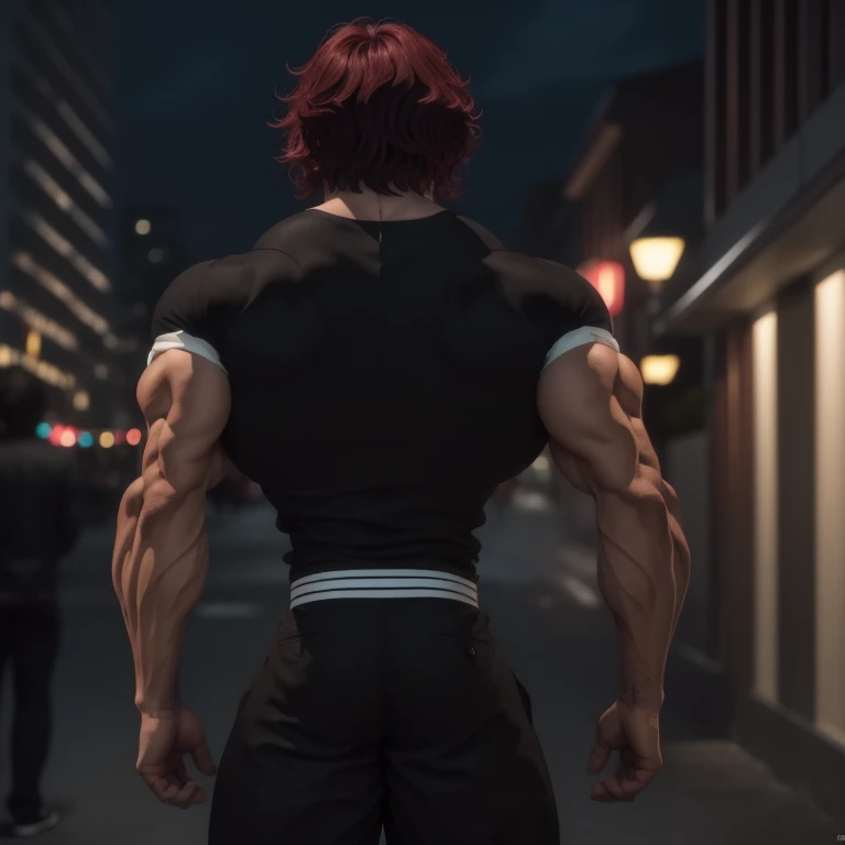 Altas, alta qualidade,(Beautiful), ((master part)),cores vibrantes, sozinho,1st grade, Foco masculino, manly, musculoso, musculoso masculino, red hair, sozinho, cabelo espetado,not shirt, black pants, from behind,