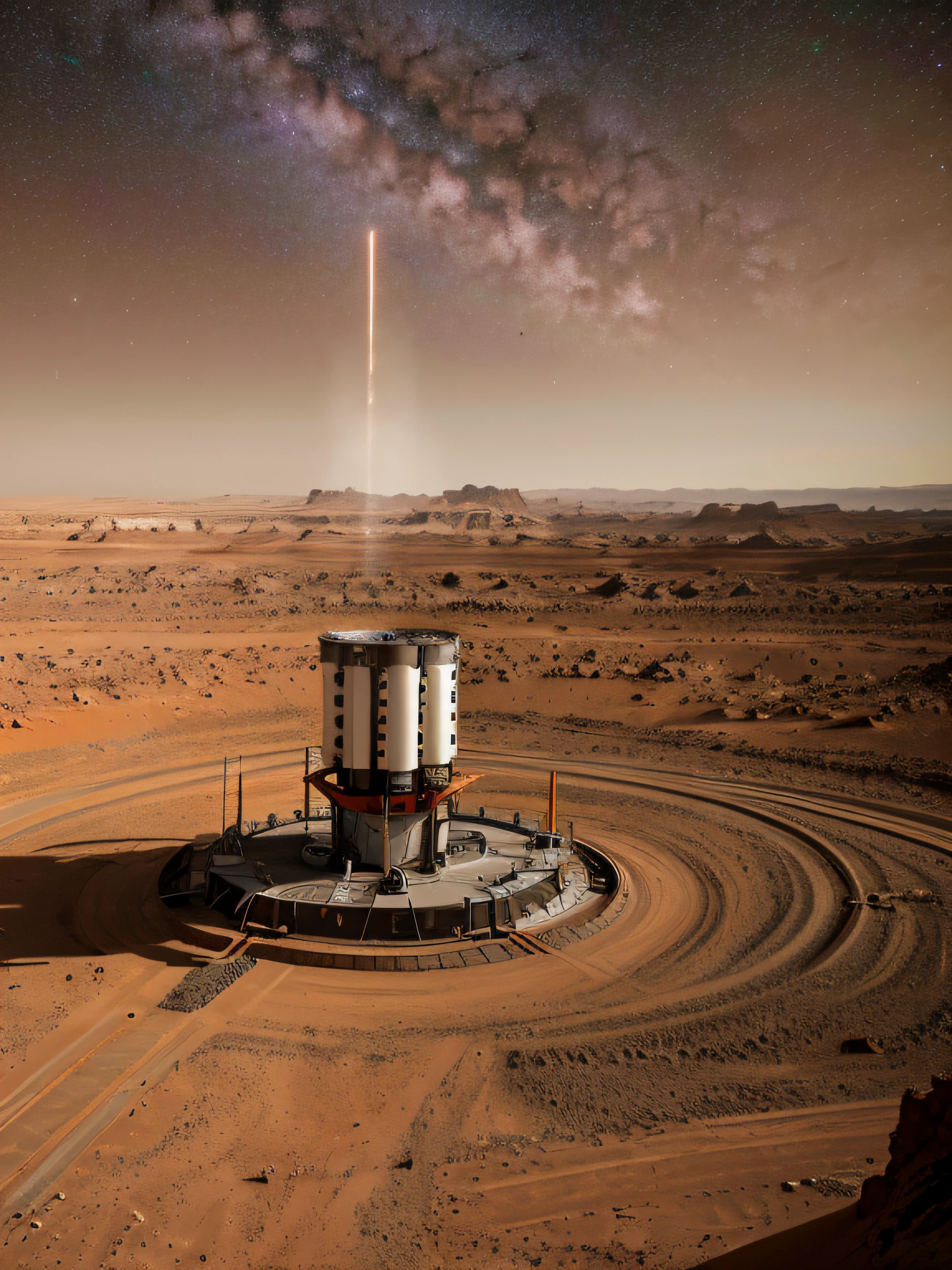 On Mars, a huge cutting-edge drilling machine is at work. The Martian ground is dotted with metallic texture and many mining workers. Bright pictures, different machines, starry sky, daytime, digging into large mechanical details, super wide angle, bird's eye view, high reality, light and dark