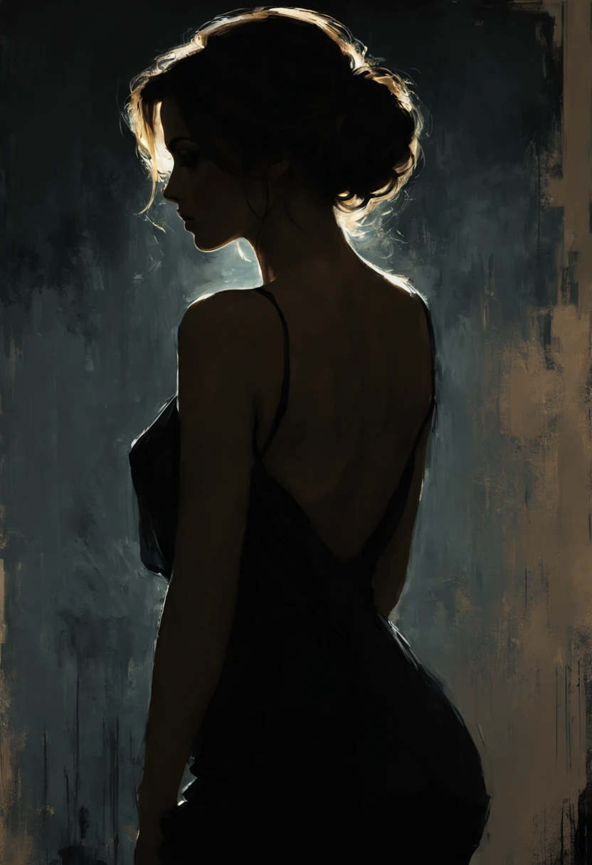 Silhouette of a beautiful woman. Masterpiece. Best quality. Perfect anatomy. Beautiful cinematic impressionistic painting, Dark dramatic character, in the style of Jeremy Mann and Charles Dana Gibson, Mark Demsteader, Paul Hedley