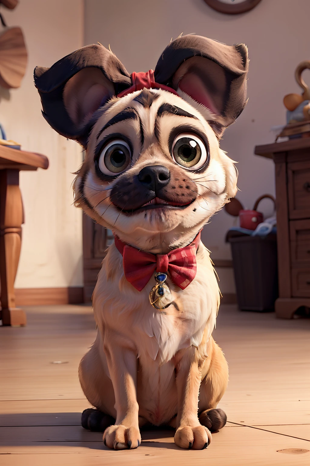 Disney style photo of a pug sitting with a bow on her head