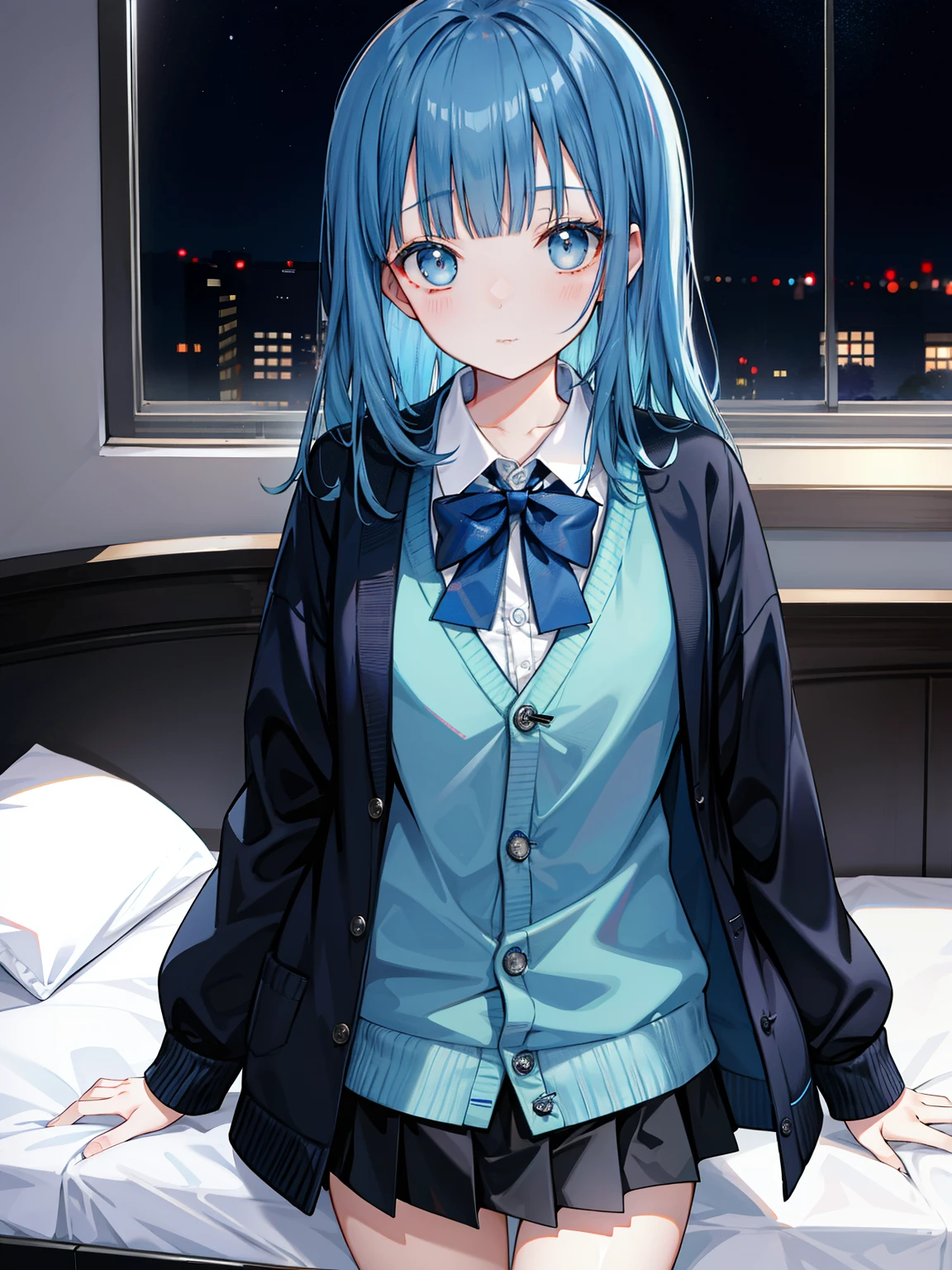 Blunt bangs、1girl in,night bedroom、Blue hair、Black tie、light blue cardigan、Black miniskirt、Shining eyes、half up、