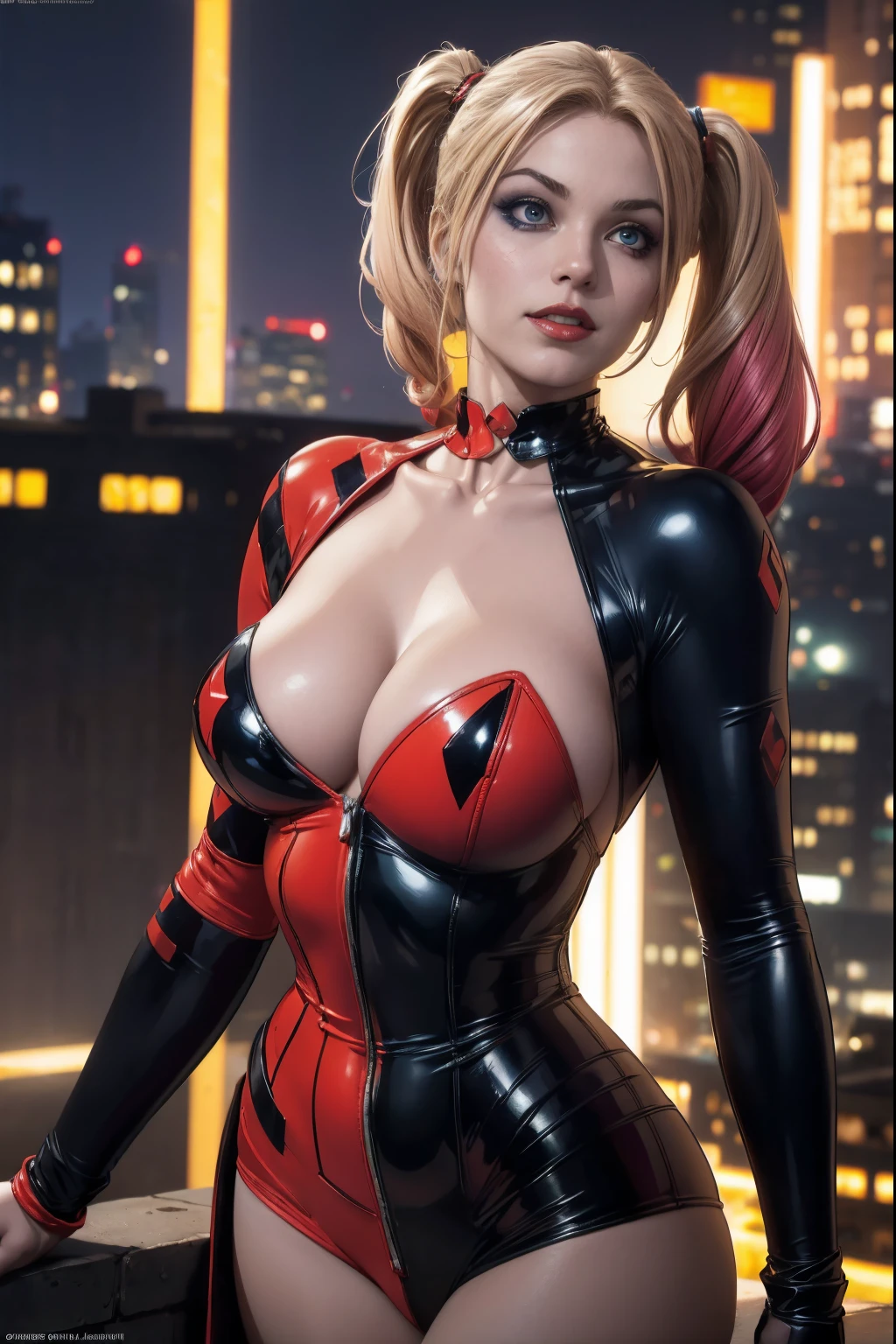 straight-on,upper-body,looking a viewer, BREAK, cartoony_Harley Quinn ,lipstick,blue eyes,makeup,lips,large breasts,鎖骨,red-lips,c,,Bodysuit,cleavage,,glittering,center opening, BREAK, official arts,extremely detailed CG unity 8k wallpaper, perfect lighting,Colorful, Bright_front_s face_illumination,sparkly skin, (Masterpiece:1.0),(Best_Quality:1.0), extra high resolution,4k,Ultra-detailed, photografic, 8K, HDR, hight resolution, (absurdress:1.2), Kodak Portra 400, Film grain, blurred background, (bokeh:1.2), lens flare, (Vibrants_Color:1.2),professional photo of a, (Beautiful_s face:1.5), Protruding Breasts, Torpedo Tits, city background at night, rooftop skyscraper, show skin, slutty, naughty, mischievious, crazy