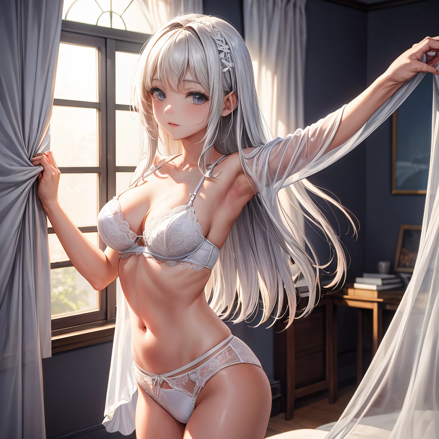 estilo anime, young woman wearing only white lingerie dancing in her room with closed doors, mas janelas abertas, cartazes de bandas de rock nas paredes, aparelho de som ao lado da cama