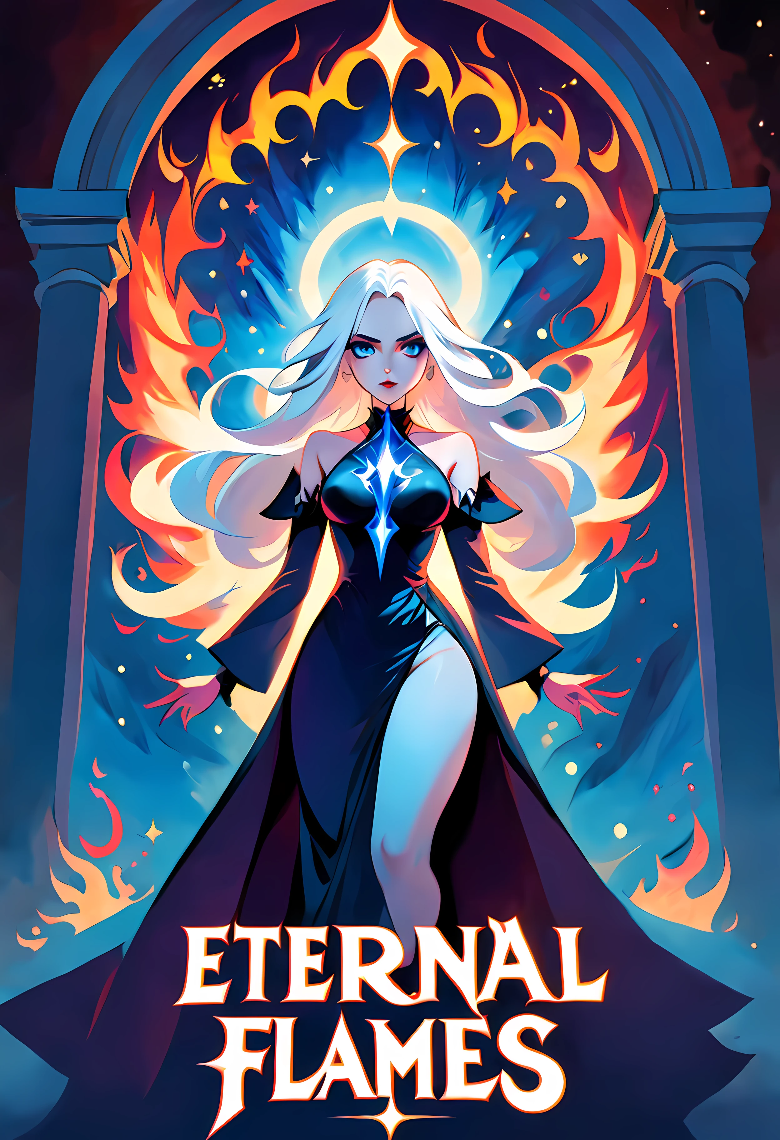 (symmetrical:1.5), Movie Poster - poster of a movie with the big ((title "Eternal Flames")), a captivating and mysterious hot ((vampire)) girl, long white hair, vivid blue eyes, adorned in an elegant yet seductive attire, donning a flowing black gown that accentuates her graceful silhouette, (seductive) yet dangerous aura, (((looking at the viewer))), holding vibrant flames symbolizing the intensity and power of her character, ((gothic arch with starry night))