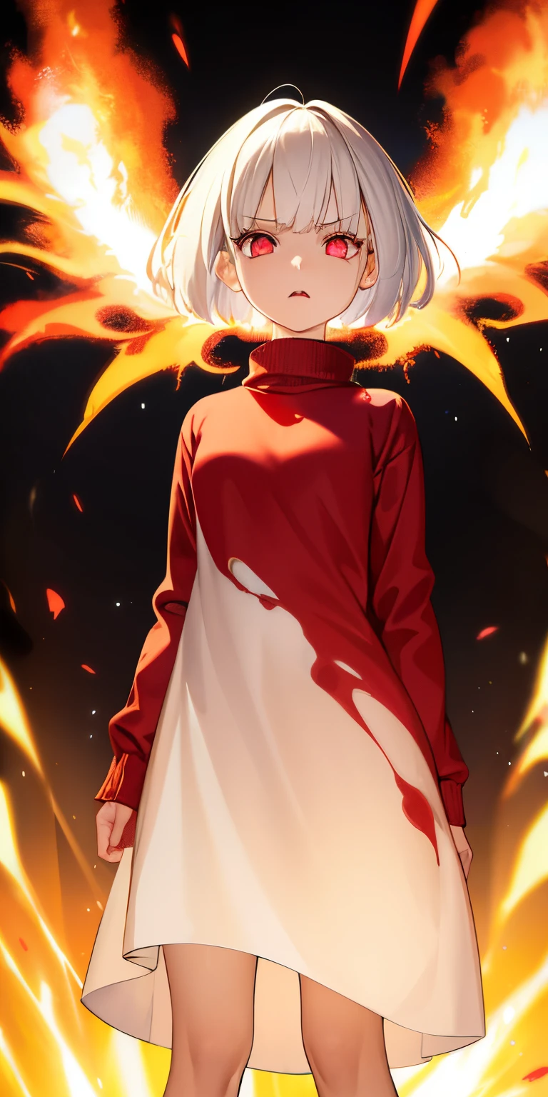 1girl, short white hair, reddish pink eyes, albino, fire witch, blood dripping from forehead, light particles, light rays, wallpaper, high contrast, colorful, sweater dress, scared expression, fullbody, flames from mouth, holding sides of head, explosion, having a panic attack, wide eyes, staring at camera, halo background, dark background, eyes in background, panic attack, high quality, masterpiece, torn clothes, blood dripping down face