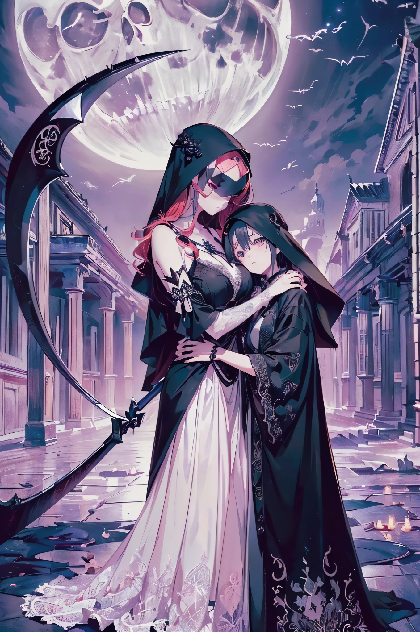 (master piece:1.4),(hyper quality:1.2),(Hyper Detailed:1.4),(Perfect drawing),She wears a beautiful dress that only a person with a pure heart can see,(((Grim Reaper))),Hugging a beautiful woman,(((Scythe of Death))),Tattered robes.(((Moonlight))),(Beautiful dress、Beautiful lace、Beautiful frills、Beautiful embroidery)、illustrious(((chies))),((beatiful backgrounds)),Fantastic、emotional、