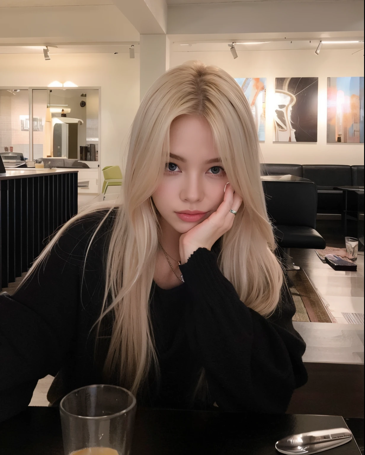 blonde woman sitting at the table with a cup of coffee, her hair is white, Parque Roseanne do Blackpink, com cabelos longos brancos, com longos cabelos brancos, Retrato de Jossi de Blackpink, perfeita de cabelos brancos, very very pale blond hair, jossi do blackpink, meninaabelo branco, Lalisa Manobal, extremely pale blond hair, ela tem cabelos loiros