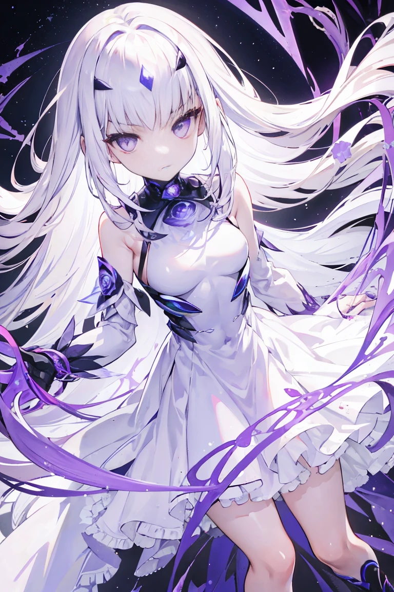 White-haired woman,Aura around,Beautiful purple eyes,White gauze dress, thin, Purple cloth covers all vital organs except the face................, Wear a knee-length white dress.................,The arm does not reach the top of the hip.................,The arms are small..............., But the ligaments are very large.................,Soft hands,at night,moon,turned sideways,purple eyes,flower garden