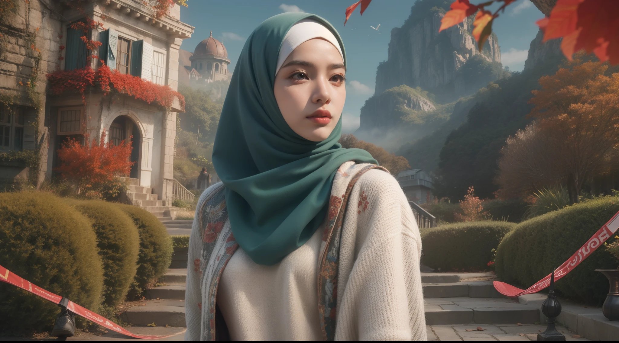 Design an advertising poster for sneakers with a fantasy twist. Feature a Malay girl in hijab wearing these sneakers in a magical, dreamlike setting. Emphasize comfort and style with a touch of enchantment,  Hijab, slender, red lips, flirting with the camera, Panavision DXL2, 28mm lense, Establishing shot, muted color grading, cinemascope, thriller, high quality, ultra detailed, 8k resolution,
