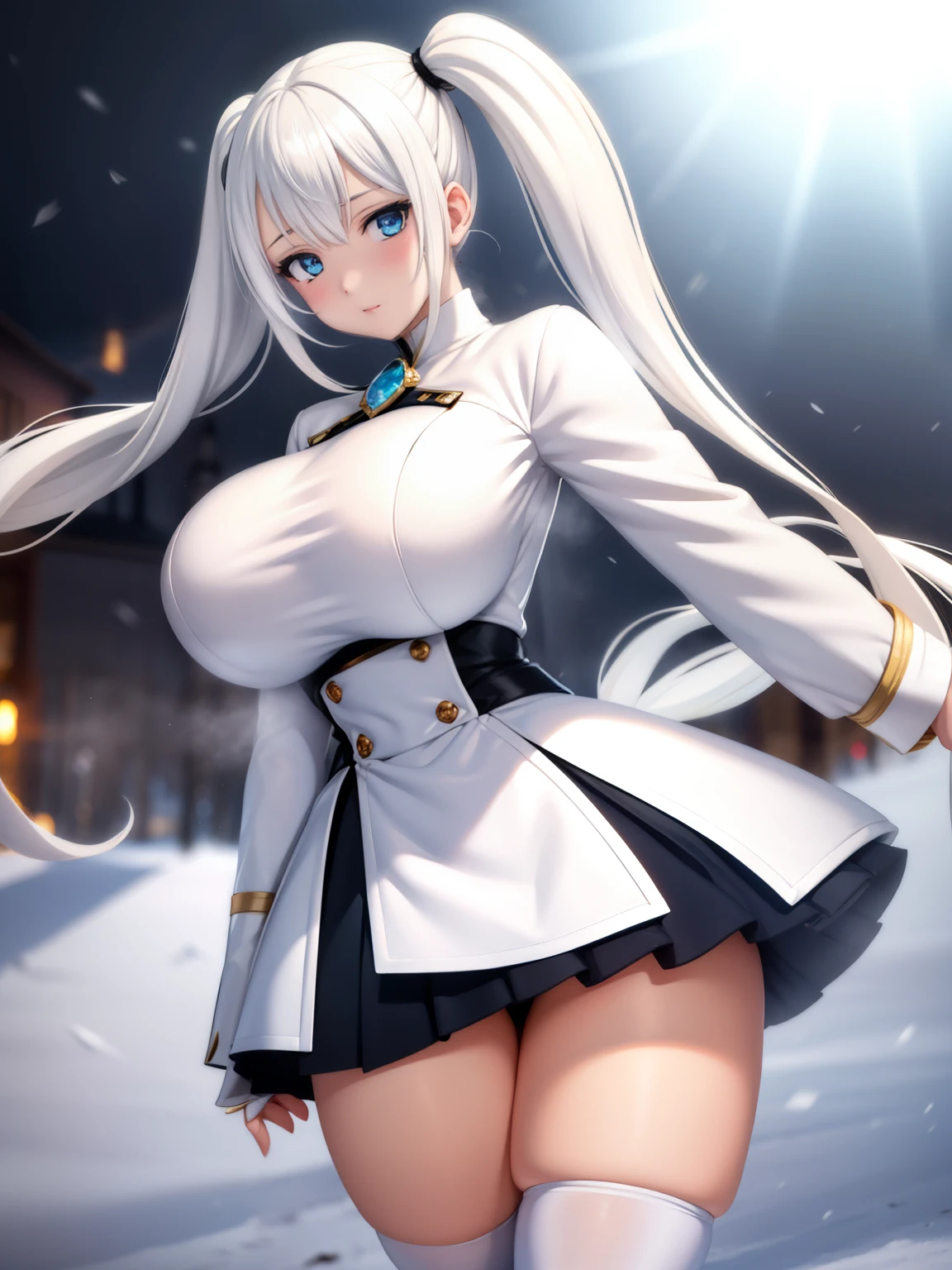 big breasts beautiful, Young woman, In the crystal and ice zone, drifting snow, ride horse, White hours, Gradient hair, White hair, white hairs, twintail hair, eyes reflection, disdain, Ray traching, reflective light, blurry, Glowing light, depth of fields, lightand shade contrast, stereograms, zoom layer, cowboy lens, f/2.8, Bokeh, tmasterpiece, best qualtiy, high qulity, k hd,White stockings